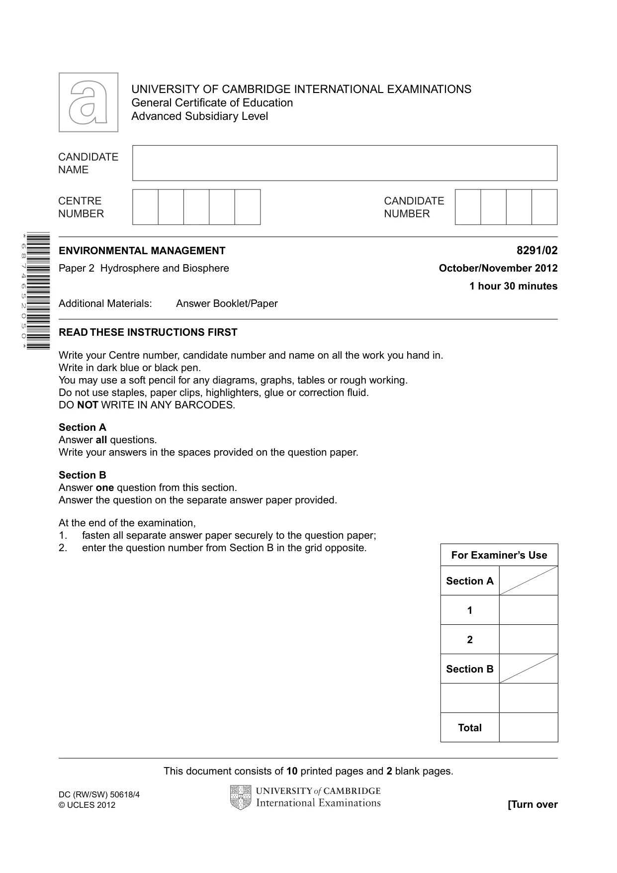 Cambridge A Level Environmental Management (AS only) 8291 2012 Oct/Nov Paper 2 · Variant 1 question paper, page 1 of 11