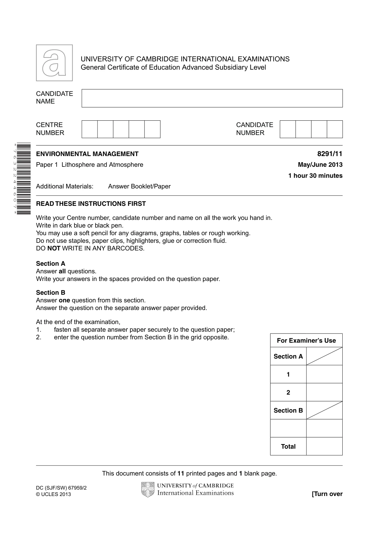 Cambridge A Level Environmental Management (AS only) 8291 2013 May/June Paper 1 · Variant 1 question paper, page 1 of 12