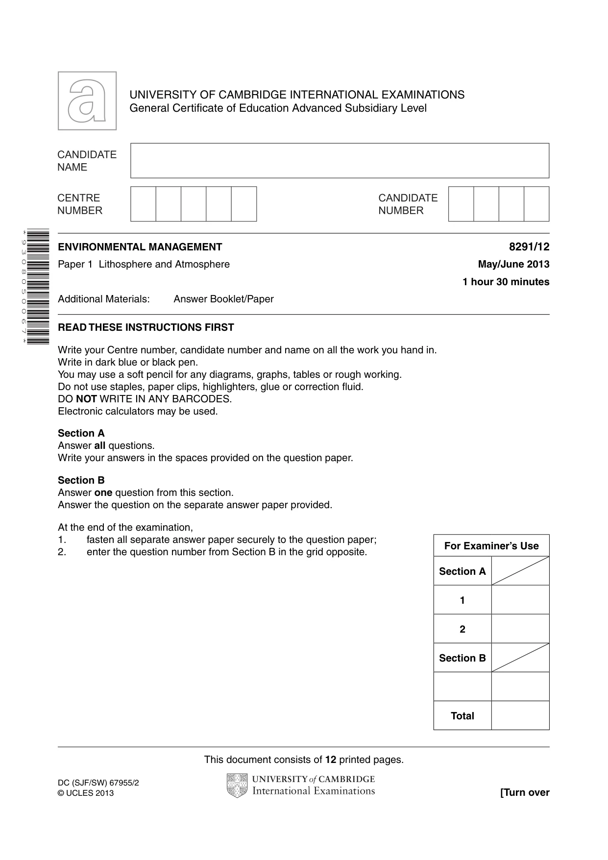 Cambridge A Level Environmental Management (AS only) 8291 2013 May/June Paper 1 · Variant 2 question paper, page 1 of 12