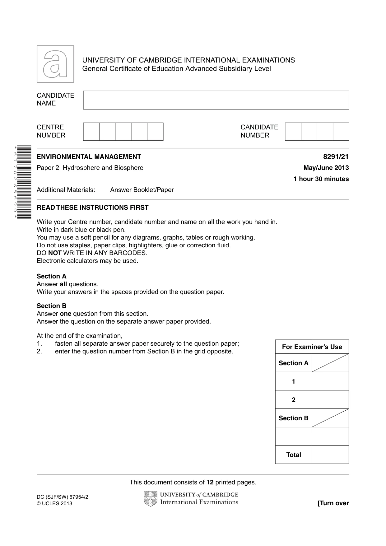Cambridge A Level Environmental Management (AS only) 8291 2013 May/June Paper 2 · Variant 1 question paper, page 1 of 12