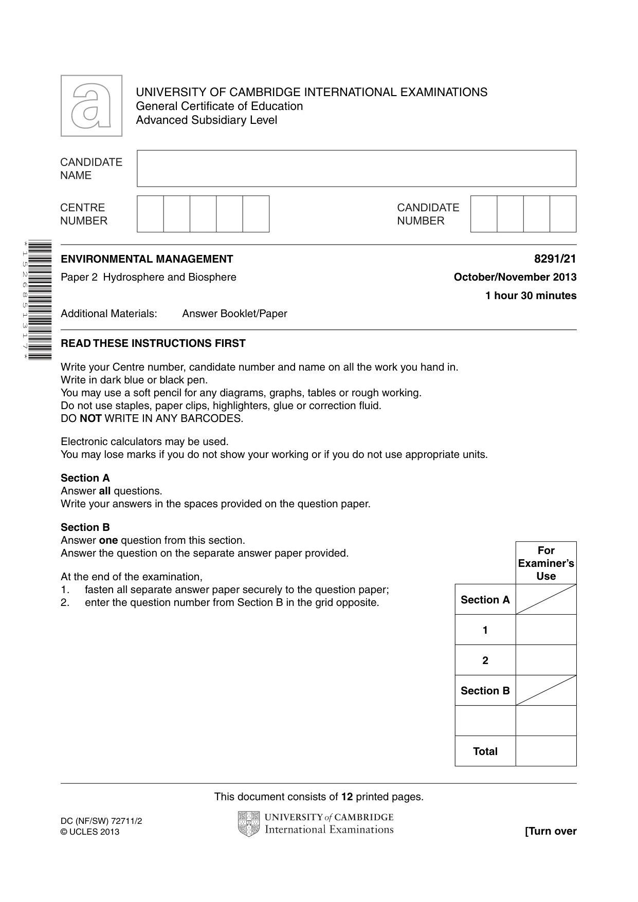 Cambridge A Level Environmental Management (AS only) 8291 2013 Oct/Nov Paper 2 · Variant 1 question paper, page 1 of 12