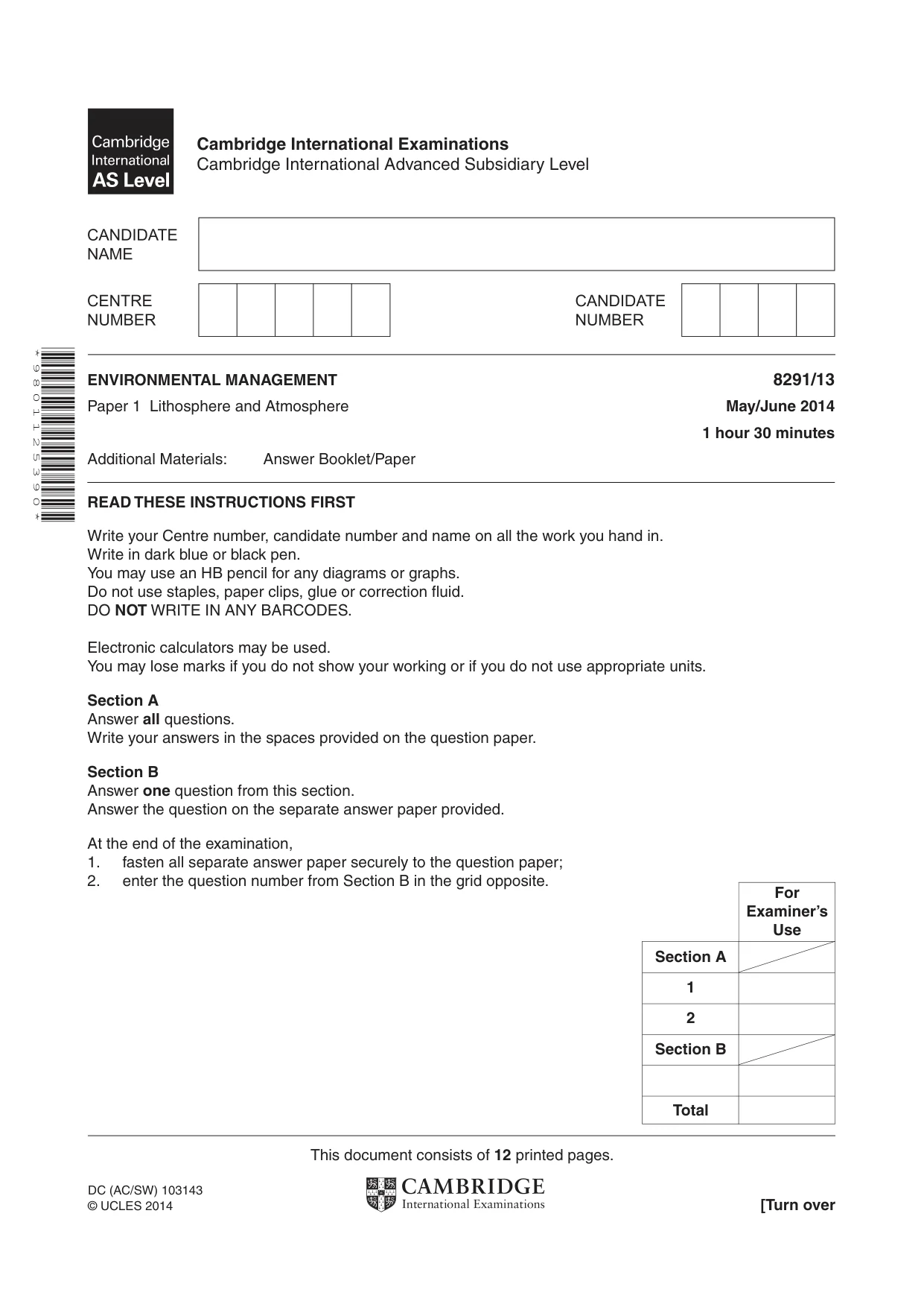 Cambridge A Level Environmental Management (AS only) 8291 2014 May/June Paper 1 · Variant 3 question paper, page 1 of 12
