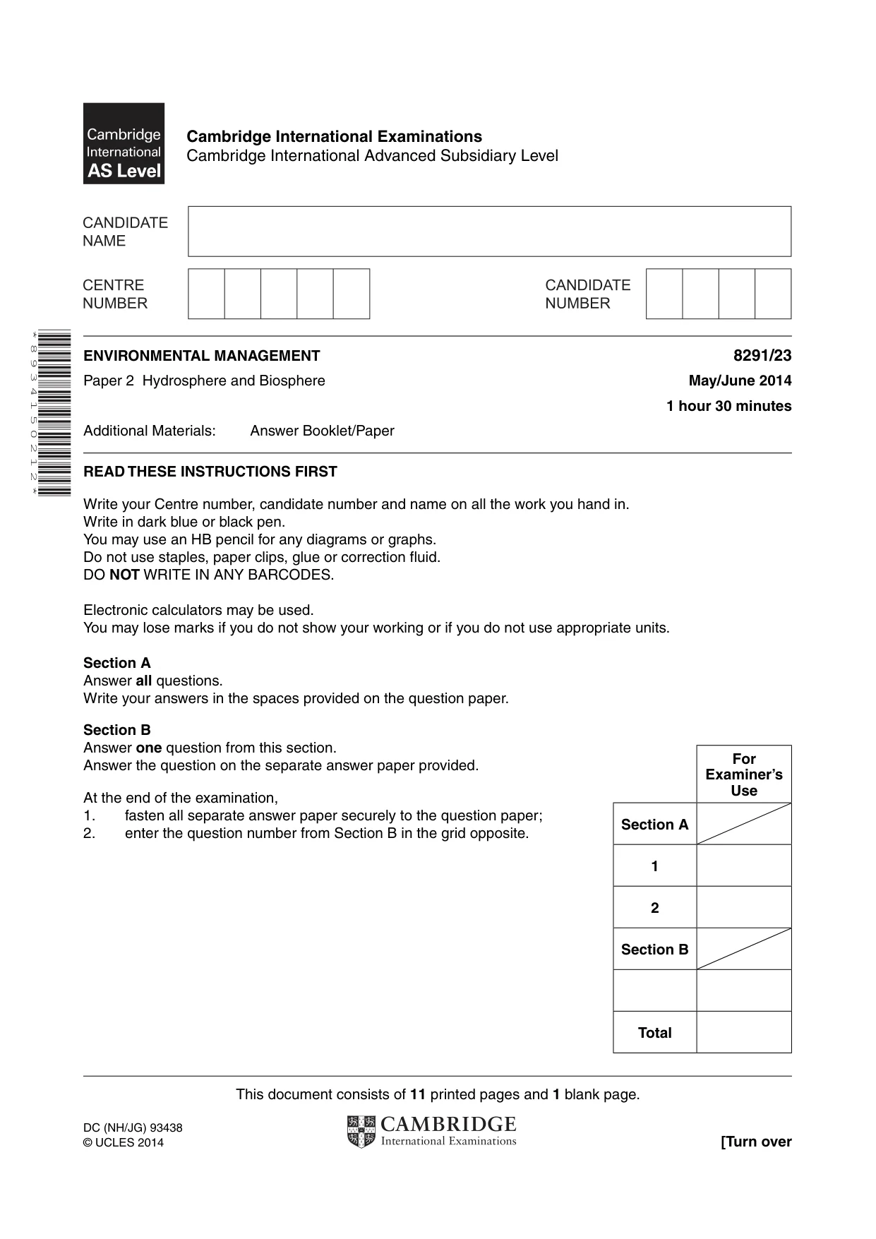 Cambridge A Level Environmental Management (AS only) 8291 2014 May/June Paper 2 · Variant 3 question paper, page 1 of 12