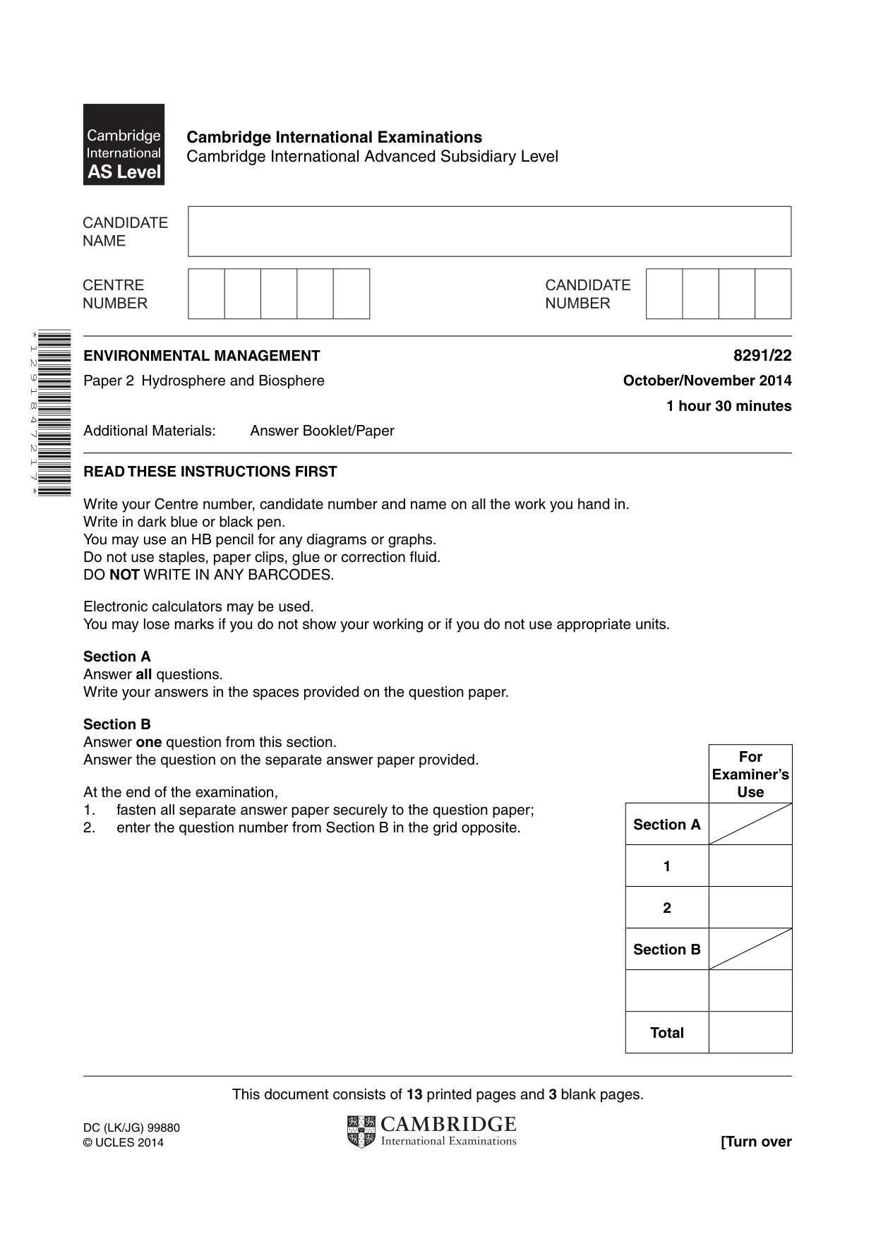 Cambridge A Level Environmental Management (AS only) 8291 2014 Oct/Nov Paper 2 · Variant 2 question paper, page 1 of 16