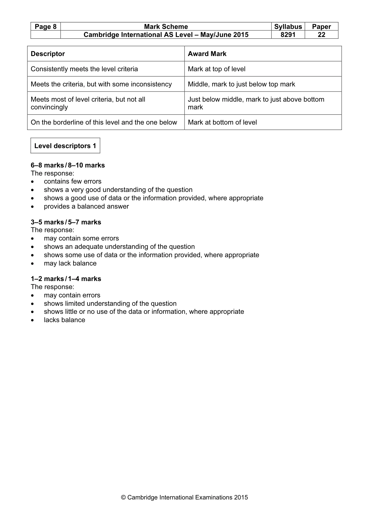 Mark scheme, page 8 of 9