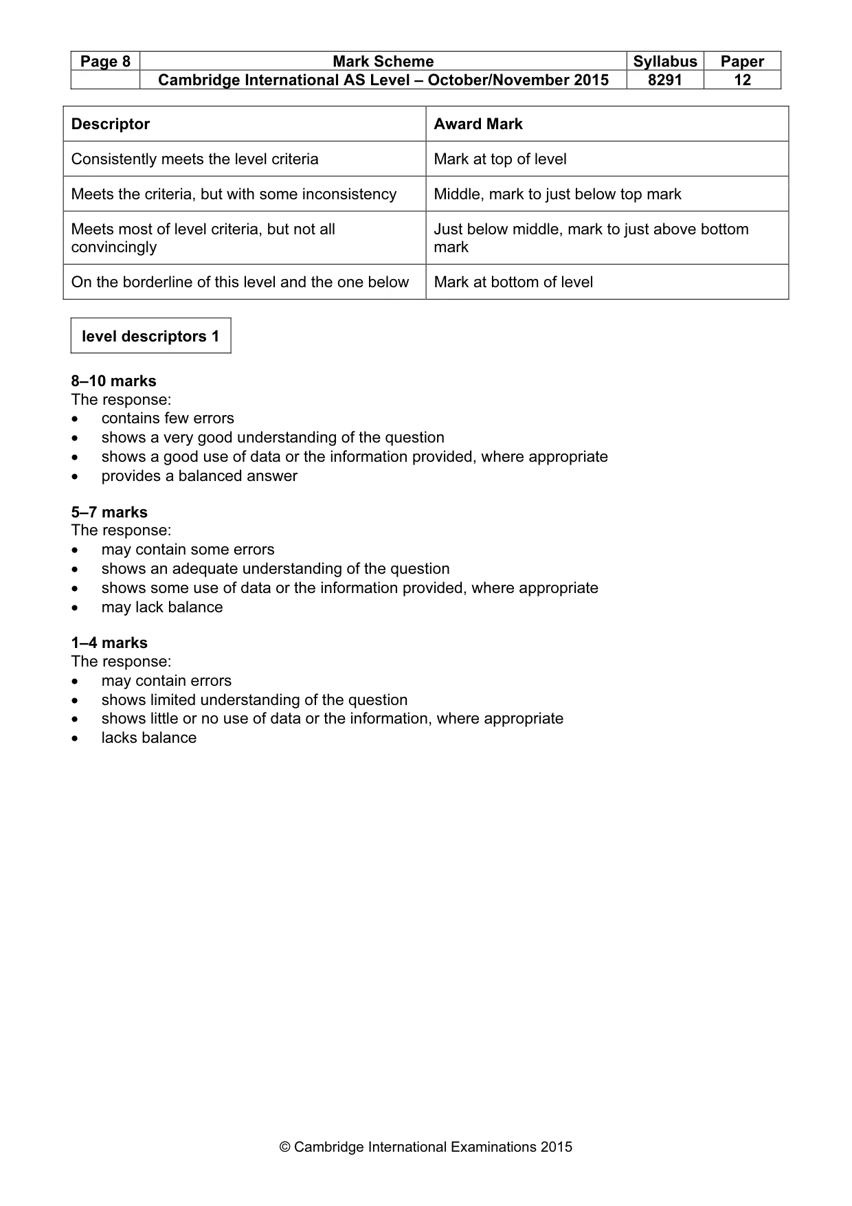 Mark scheme, page 8 of 9