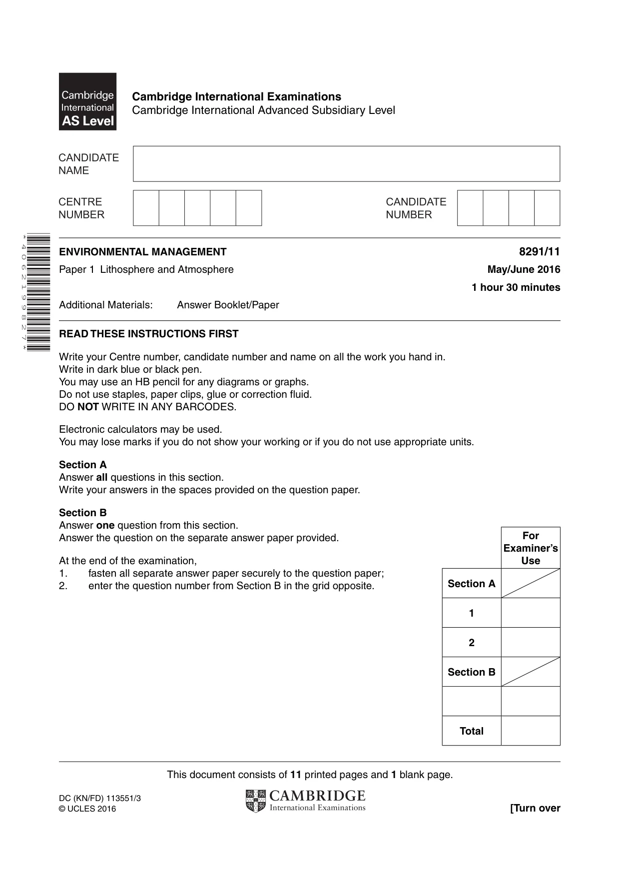 Cambridge A Level Environmental Management (AS only) 8291 2016 May/June Paper 1 · Variant 1 question paper, page 1 of 12