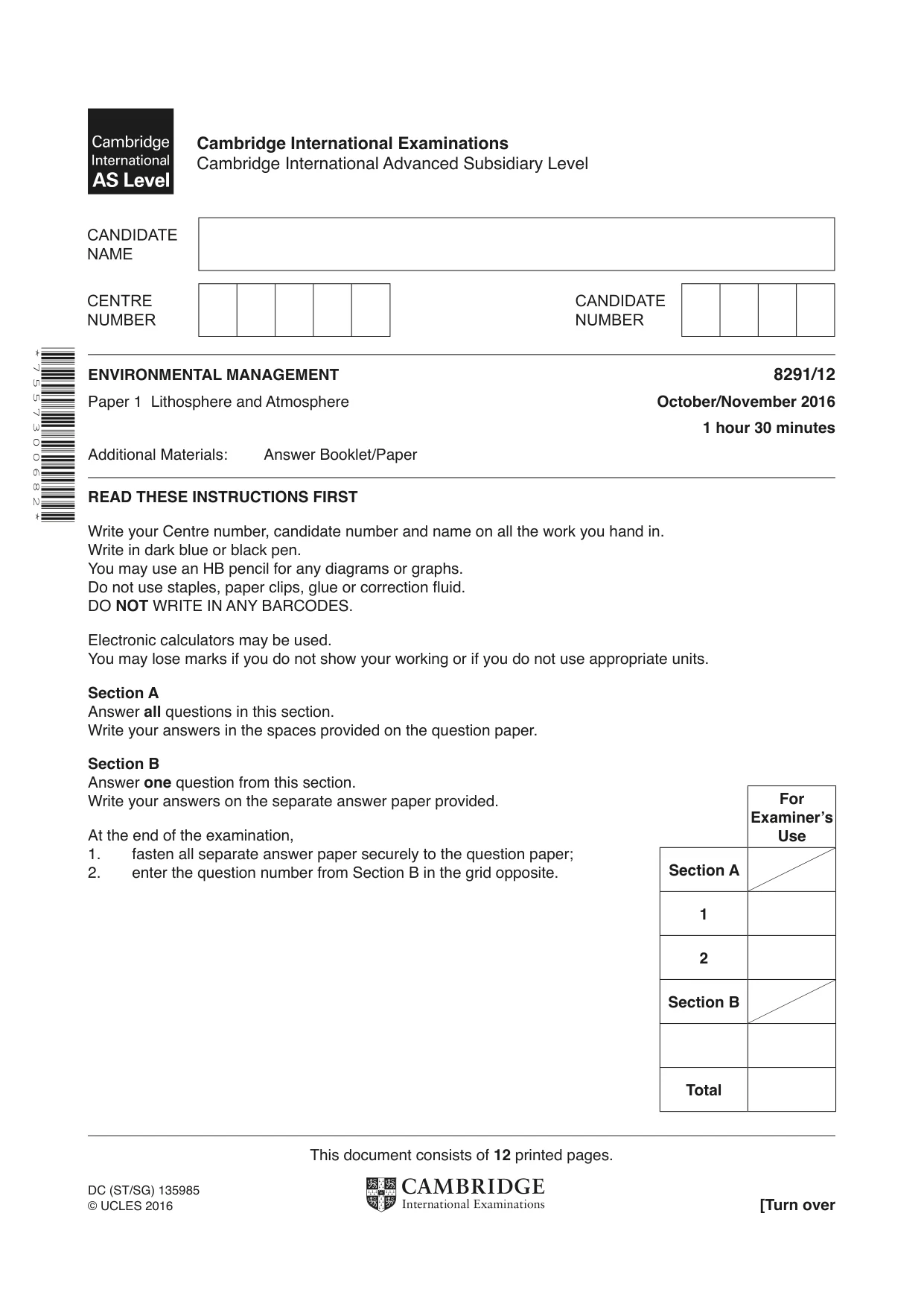 Cambridge A Level Environmental Management (AS only) 8291 2016 Oct/Nov Paper 1 · Variant 2 question paper, page 1 of 12
