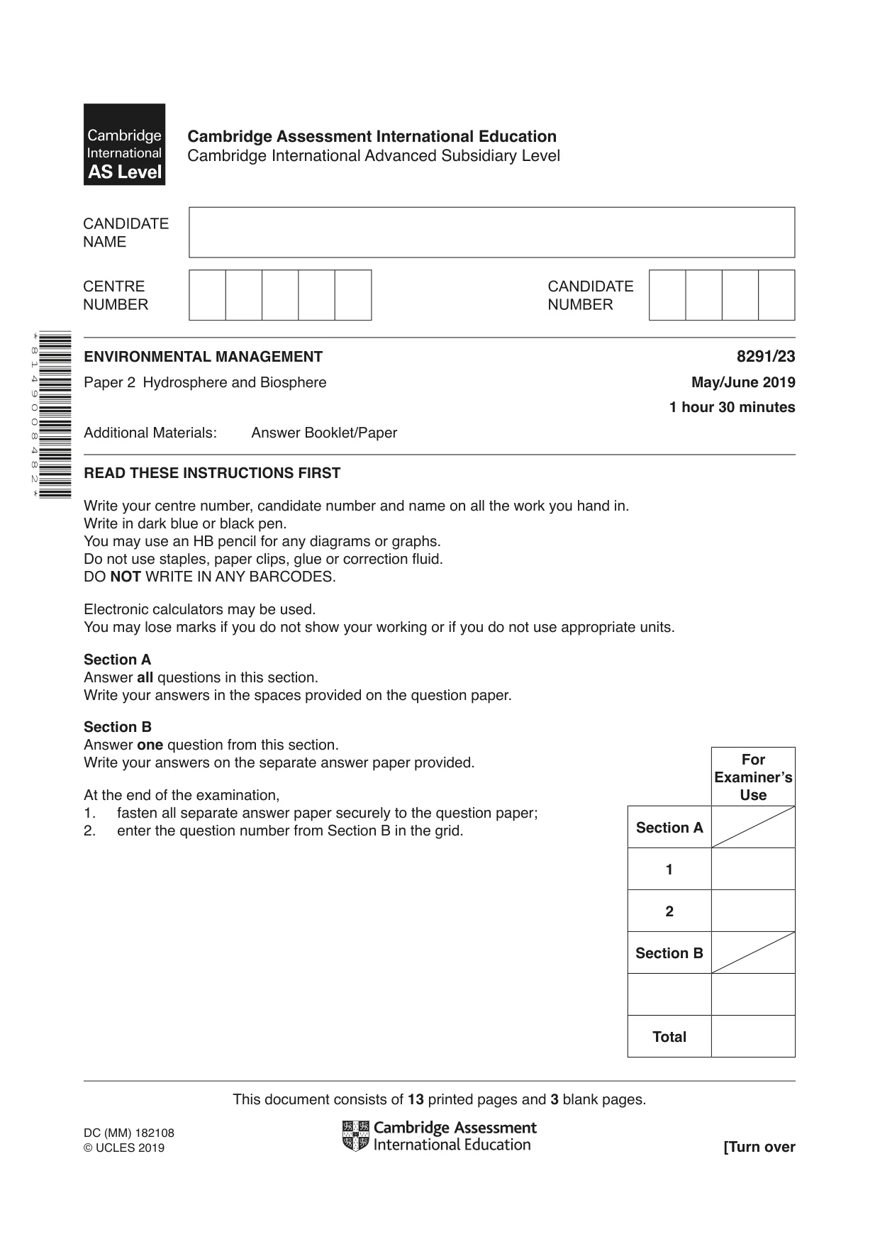 Cambridge A Level Environmental Management (AS only) 8291 2019 May/June Paper 2 · Variant 3 question paper, page 1 of 16