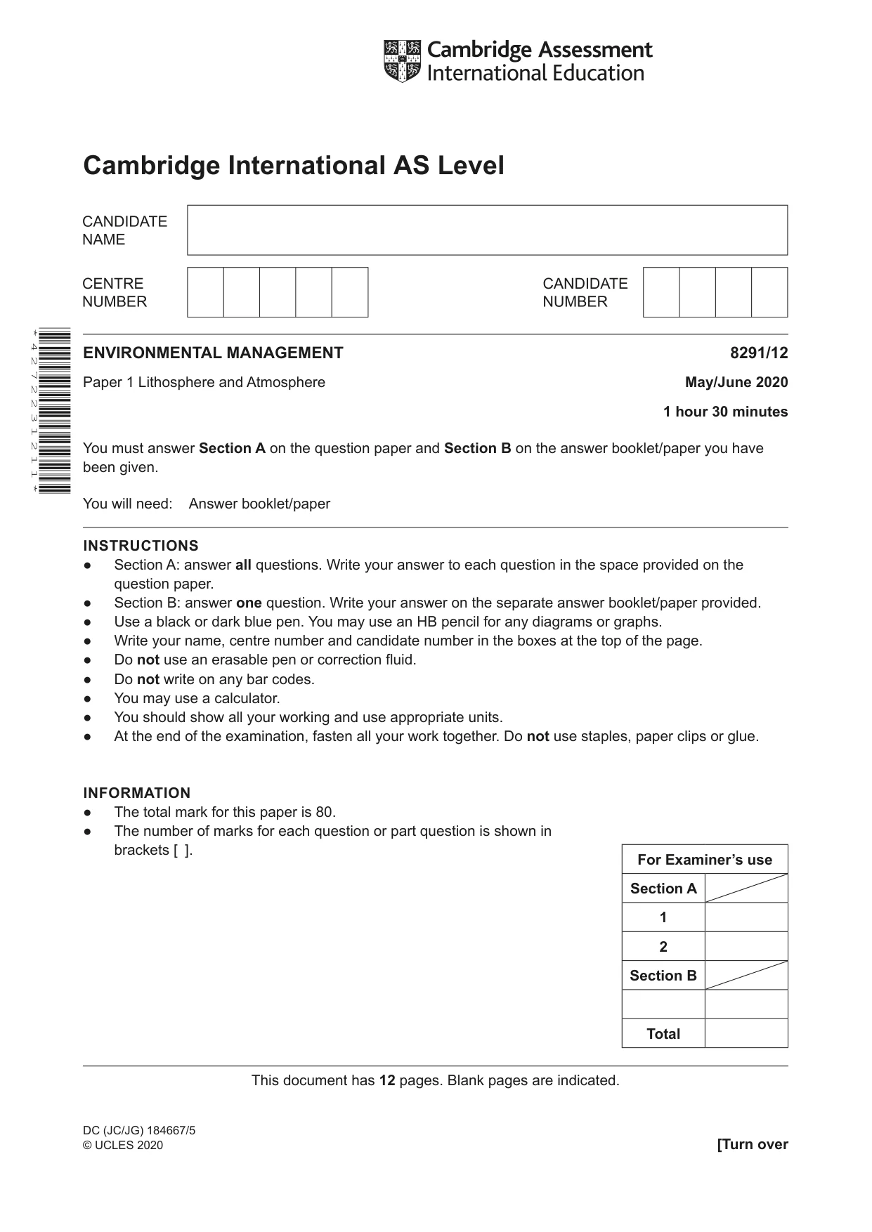 Cambridge A Level Environmental Management (AS only) 8291 2020 May/June Paper 1 · Variant 2 question paper, page 1 of 12