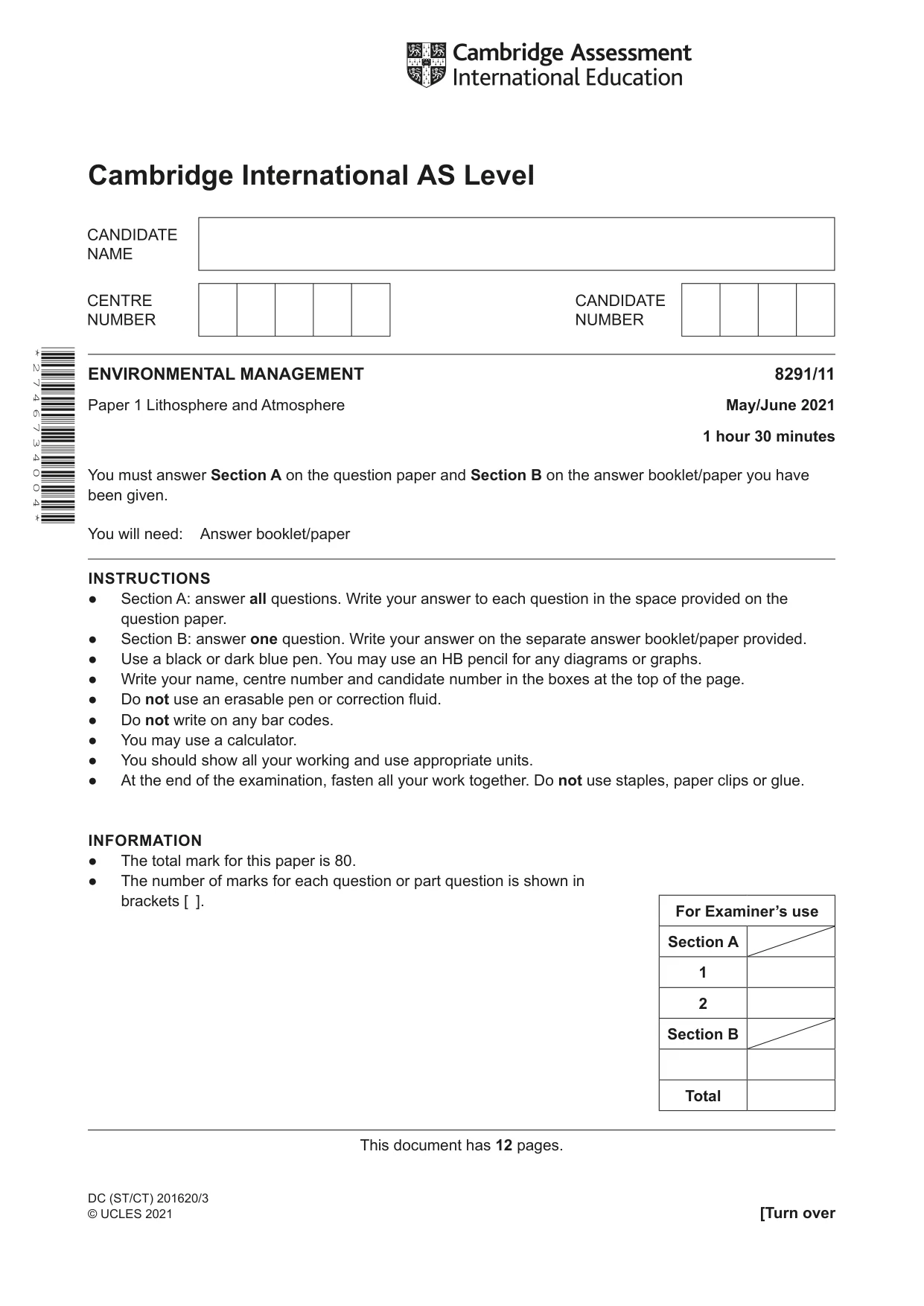 Cambridge A Level Environmental Management (AS only) 8291 2021 May/June Paper 1 · Variant 1 question paper, page 1 of 12