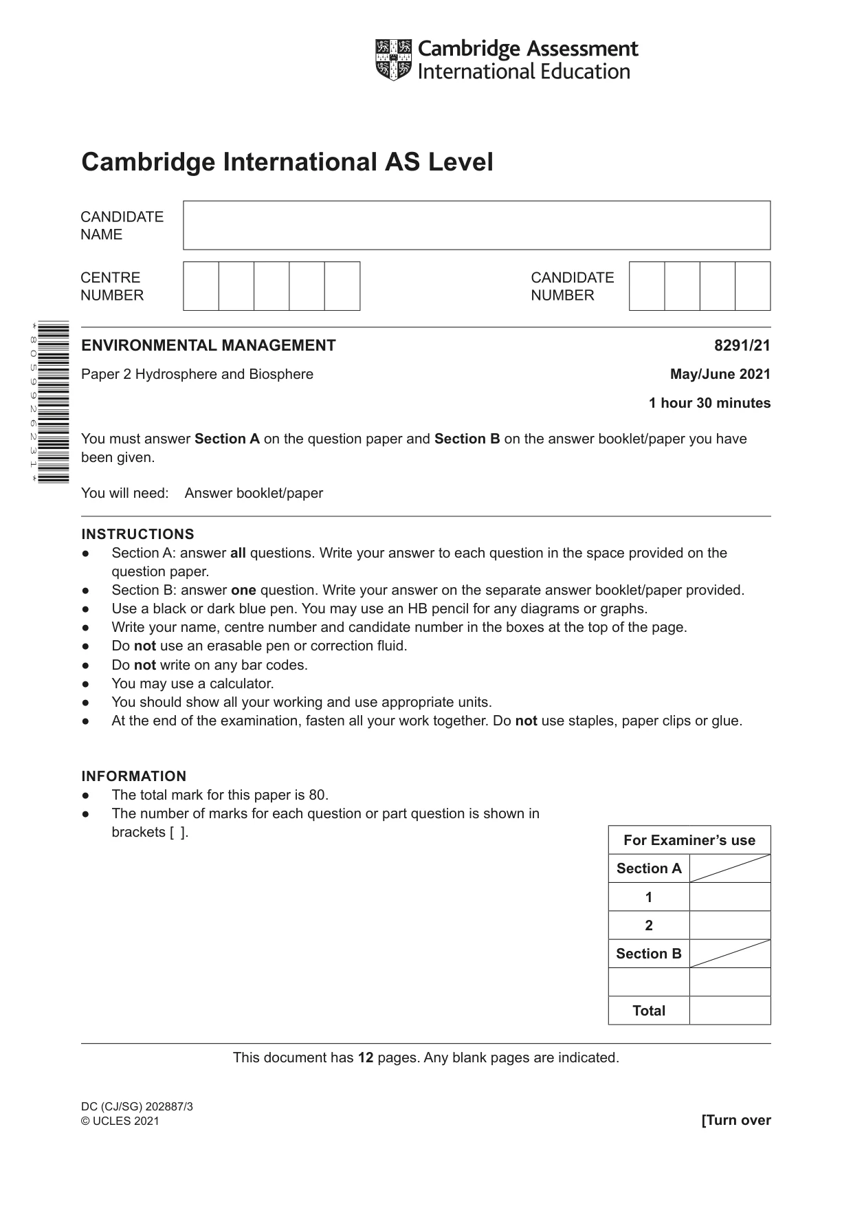 Cambridge A Level Environmental Management (AS only) 8291 2021 May/June Paper 2 · Variant 1 question paper, page 1 of 12
