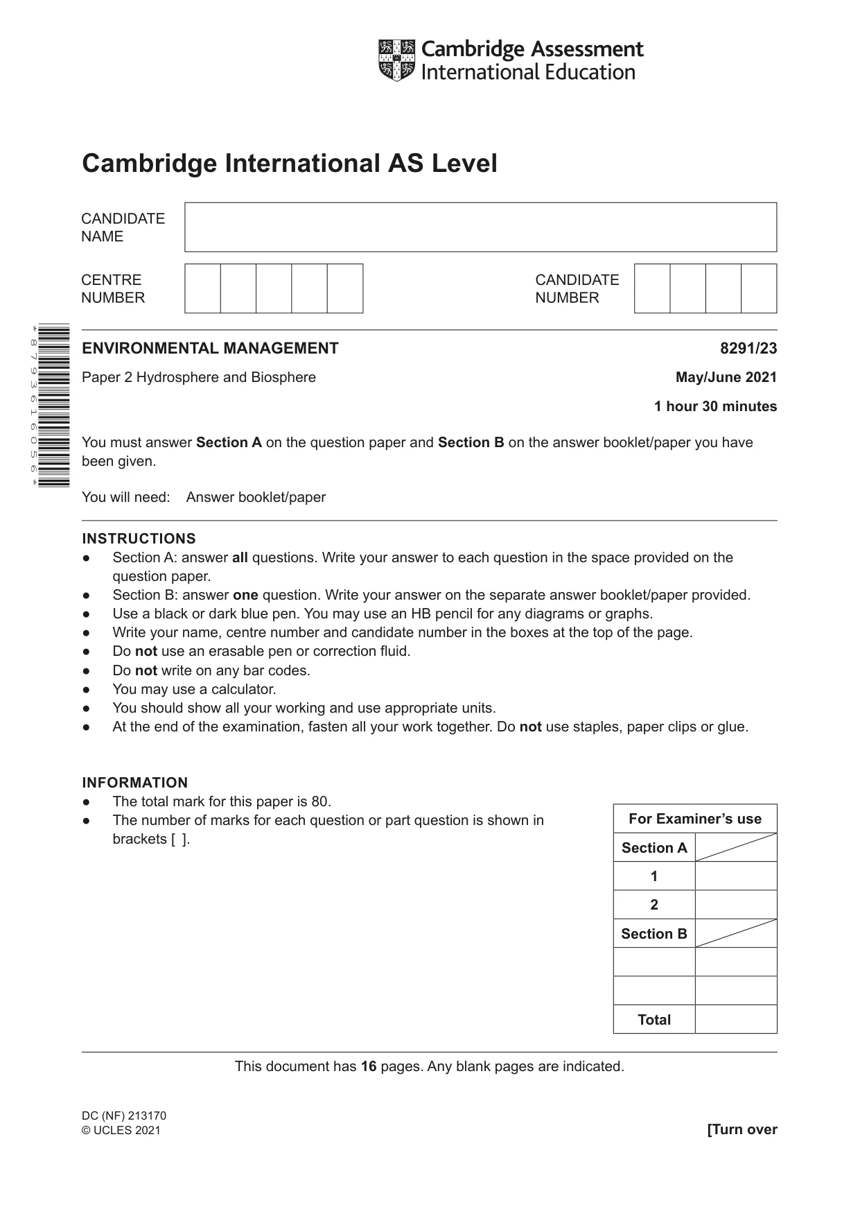 Cambridge A Level Environmental Management (AS only) 8291 2021 May/June Paper 2 · Variant 3 question paper, page 1 of 16