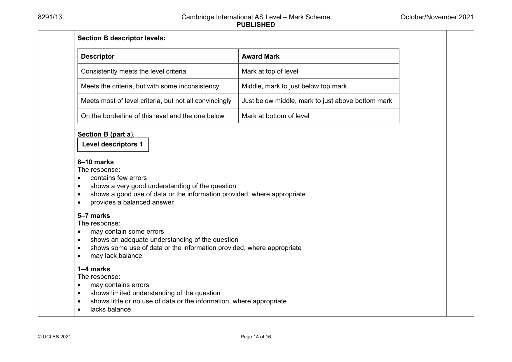 Mark scheme, page 14 of 16