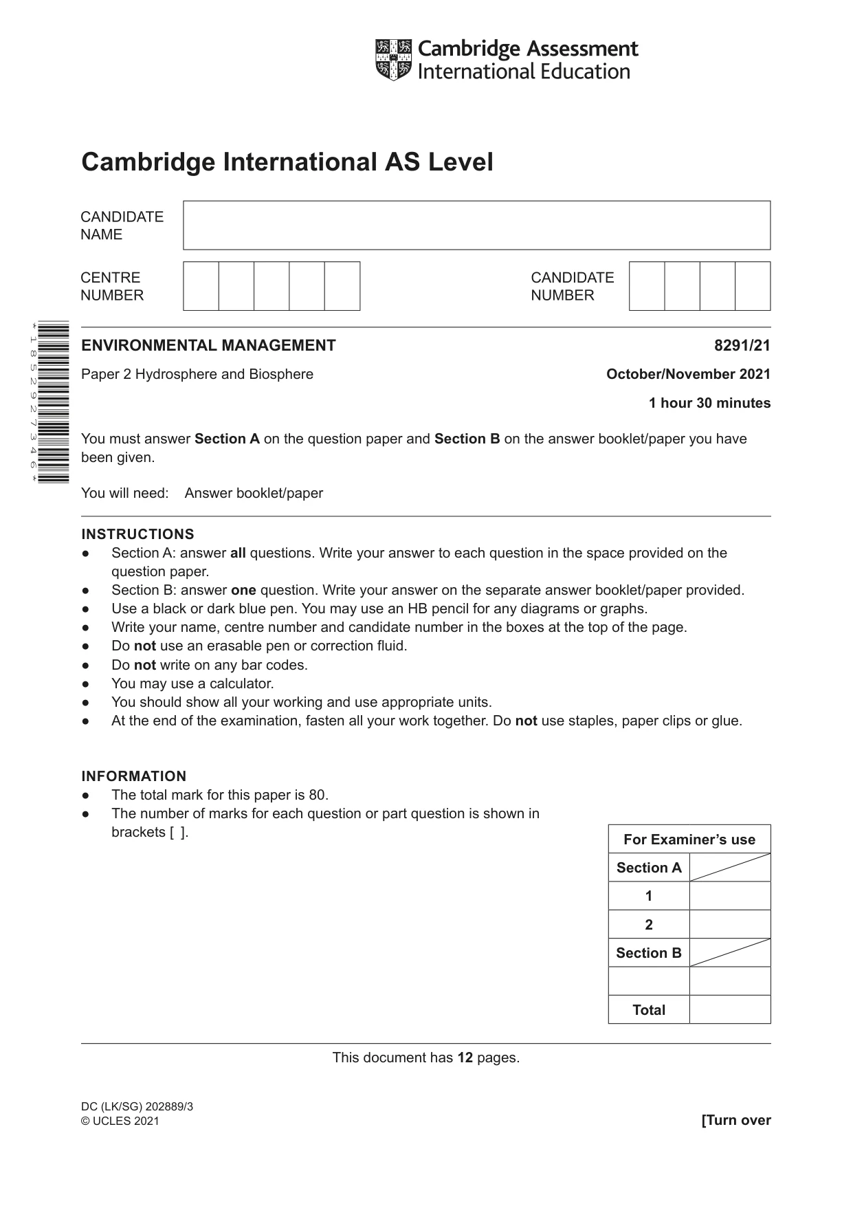 Cambridge A Level Environmental Management (AS only) 8291 2021 Oct/Nov Paper 2 · Variant 1 question paper, page 1 of 12