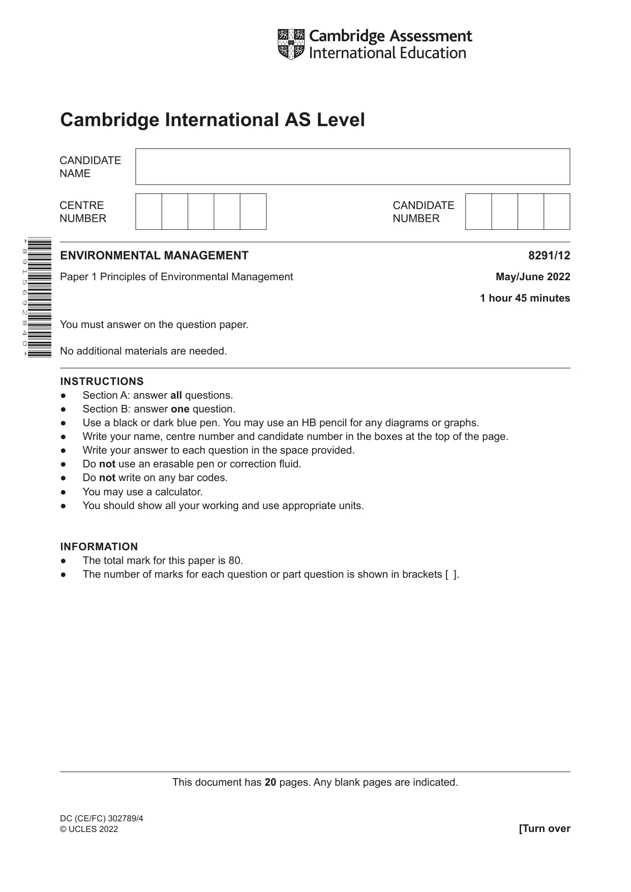 Cambridge A Level Environmental Management (AS only) 8291 2022 May/June Paper 1 · Variant 2 question paper, page 1 of 20