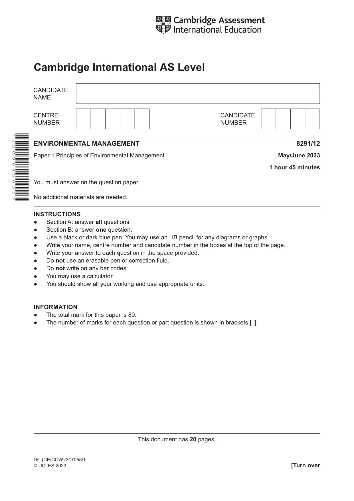 Cambridge A Level Environmental Management (AS only) 8291 2023 May/June Paper 1 · Variant 2 question paper, page 1 of 20