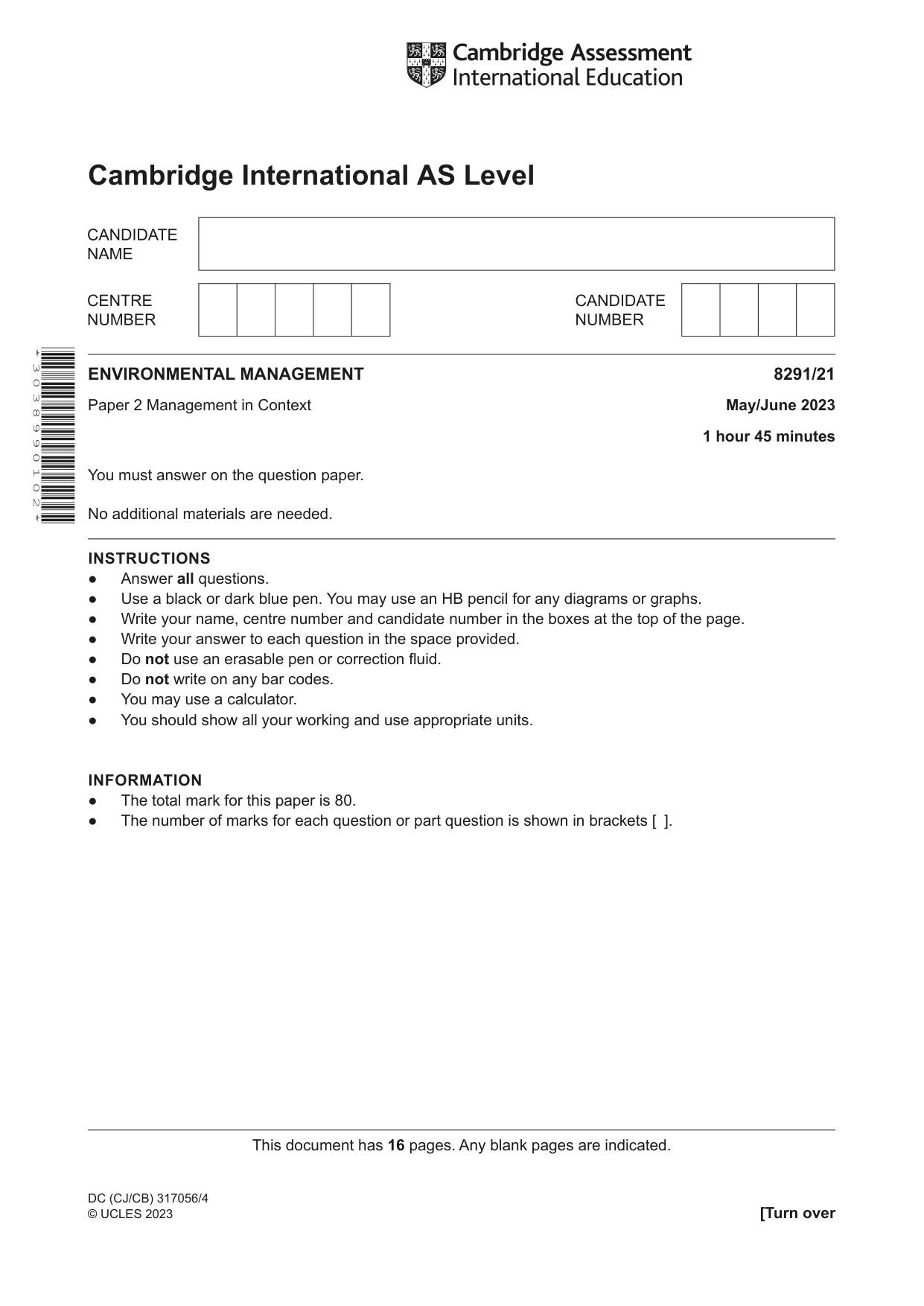 Cambridge A Level Environmental Management (AS only) 8291 2023 May/June Paper 2 · Variant 1 question paper, page 1 of 16
