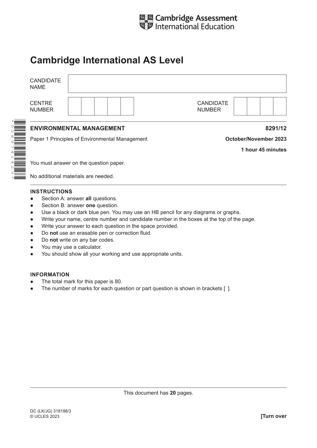 Cambridge A Level Environmental Management (AS only) 8291 2023 Oct/Nov Paper 1 · Variant 2 question paper, page 1 of 20