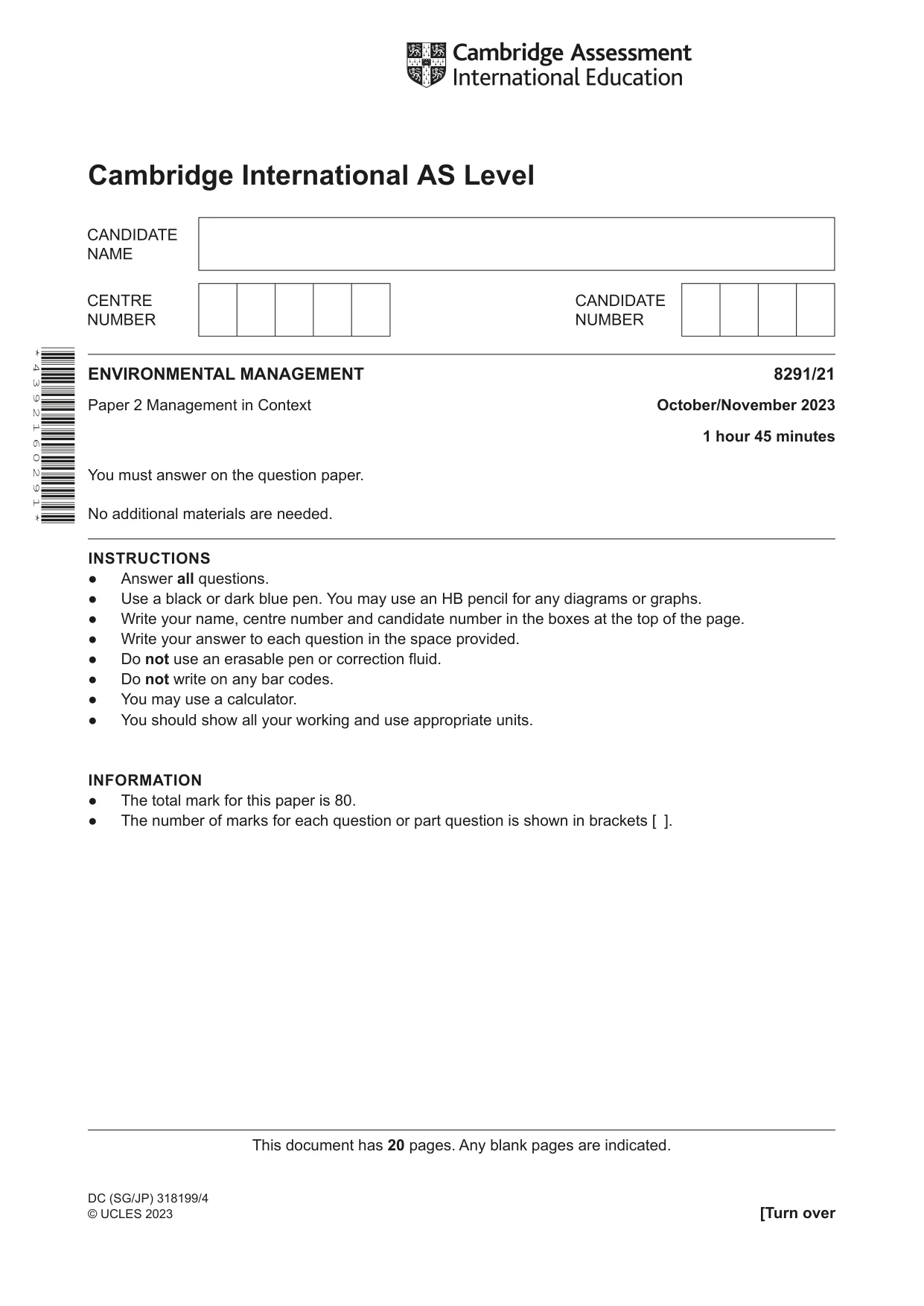 Cambridge A Level Environmental Management (AS only) 8291 2023 Oct/Nov Paper 2 · Variant 1 question paper, page 1 of 20