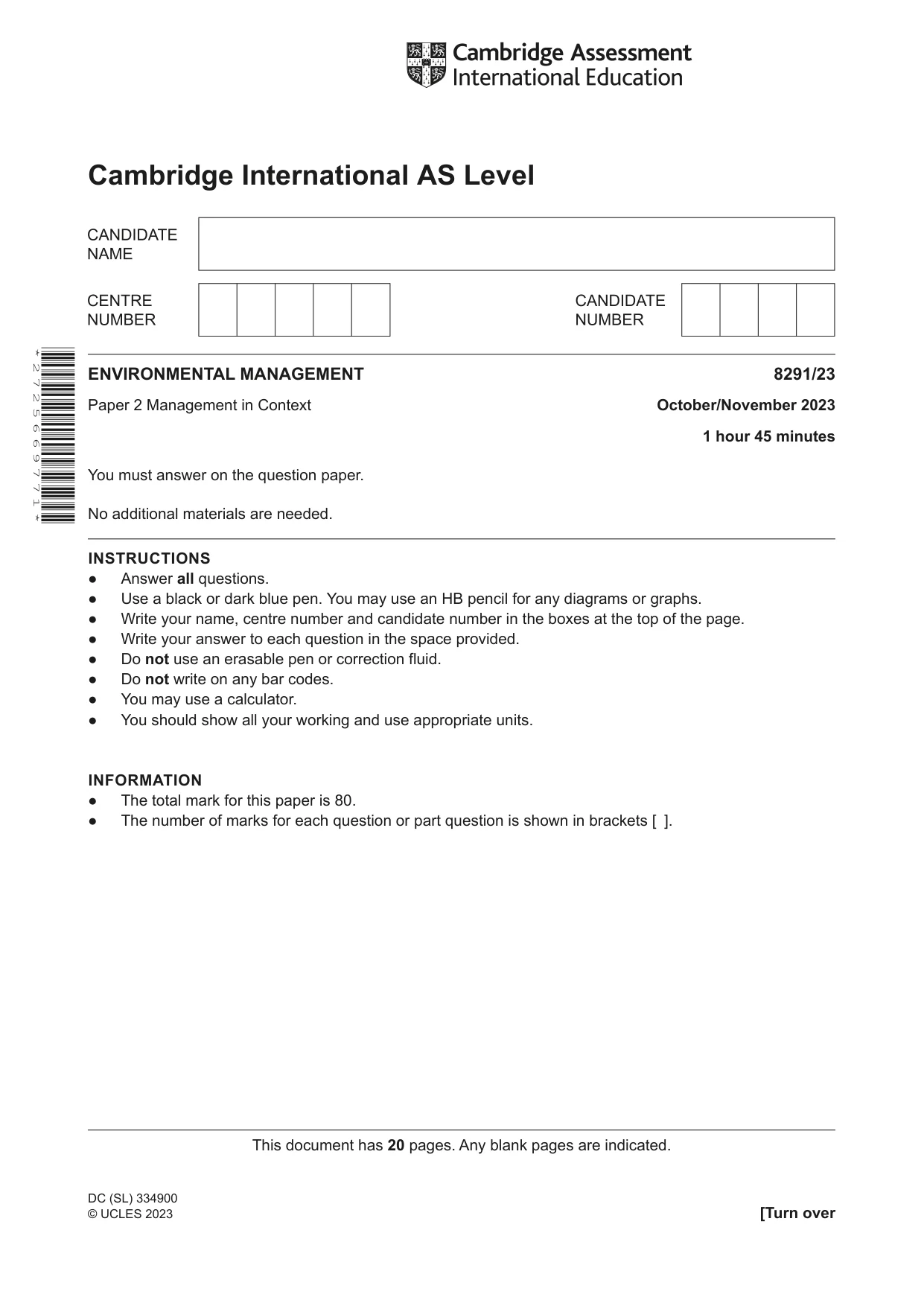 Cambridge A Level Environmental Management (AS only) 8291 2023 Oct/Nov Paper 2 · Variant 3 question paper, page 1 of 20