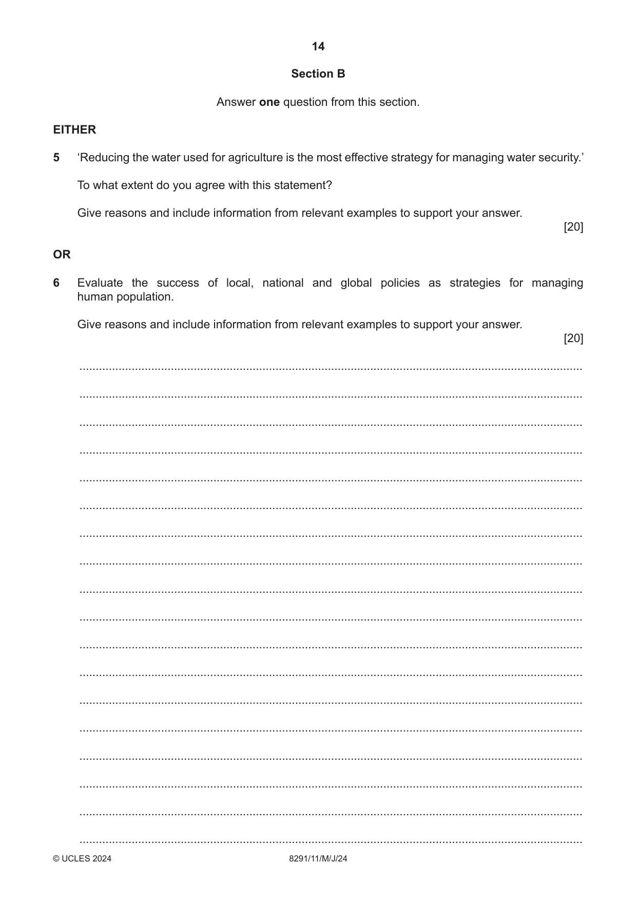 Cambridge A Level Environmental Management (AS only) 8291 2024 May/June Paper 1 · Variant 1 question paper, page 14 of 20