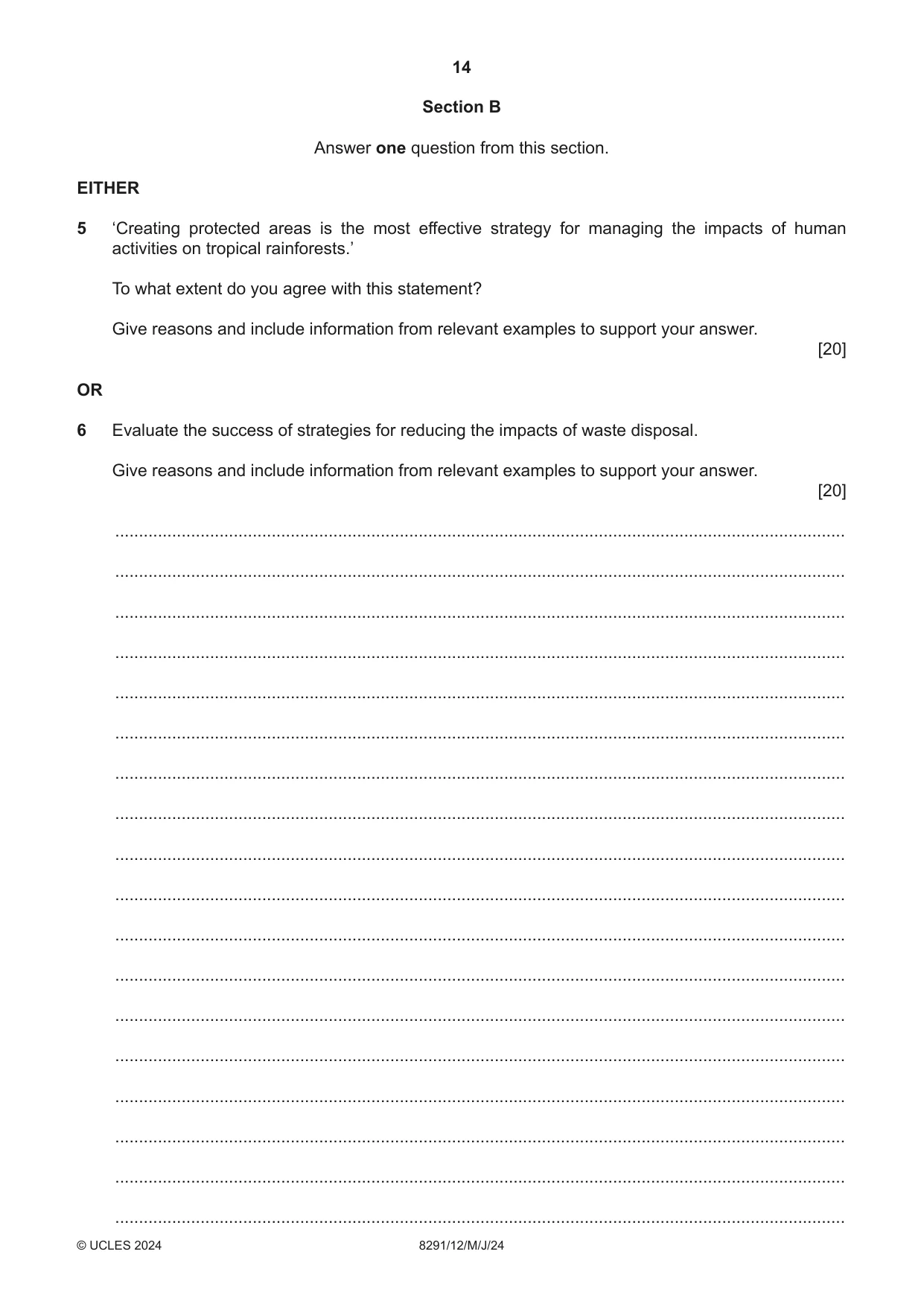 Cambridge A Level Environmental Management (AS only) 8291 2024 May/June Paper 1 · Variant 2 question paper, page 14 of 20