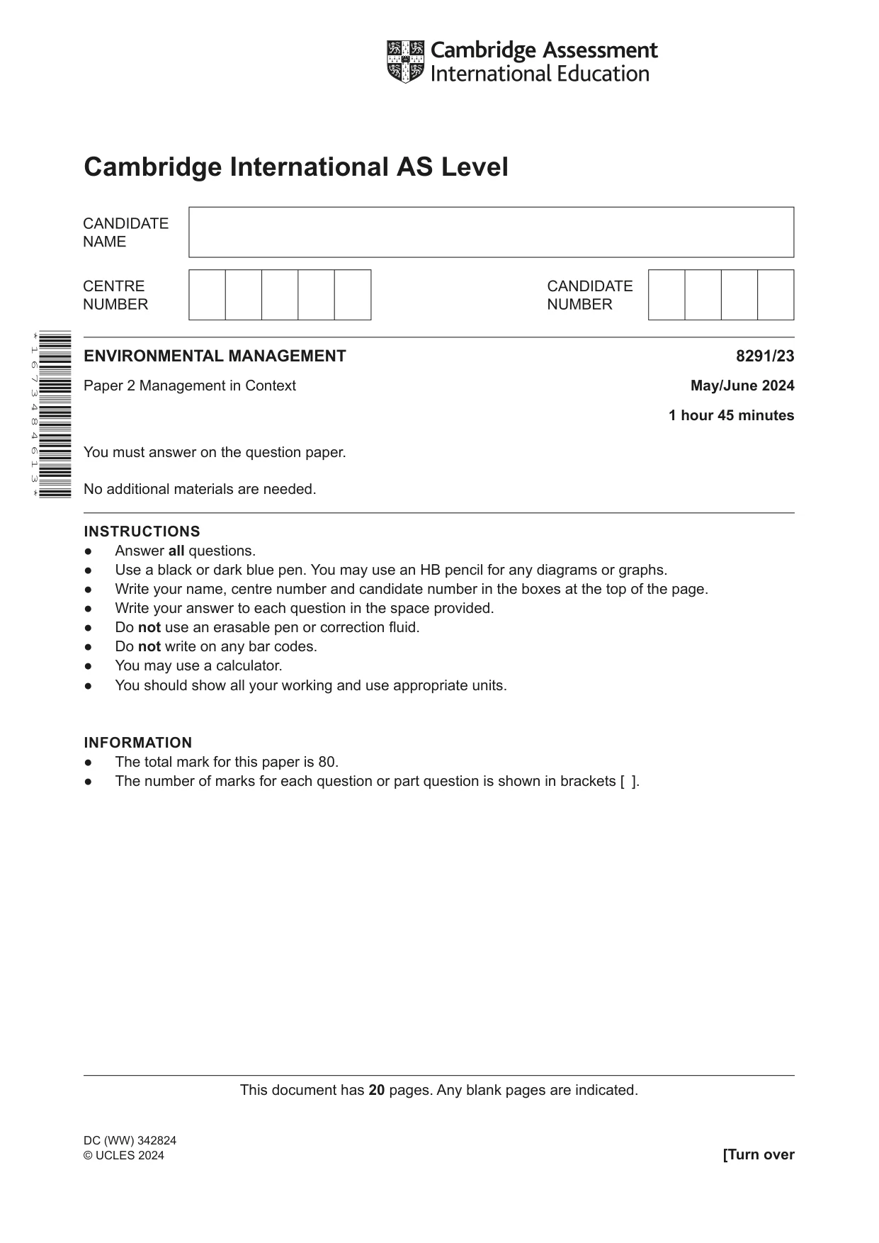 Cambridge A Level Environmental Management (AS only) 8291 2024 May/June Paper 2 · Variant 3 question paper, page 1 of 20