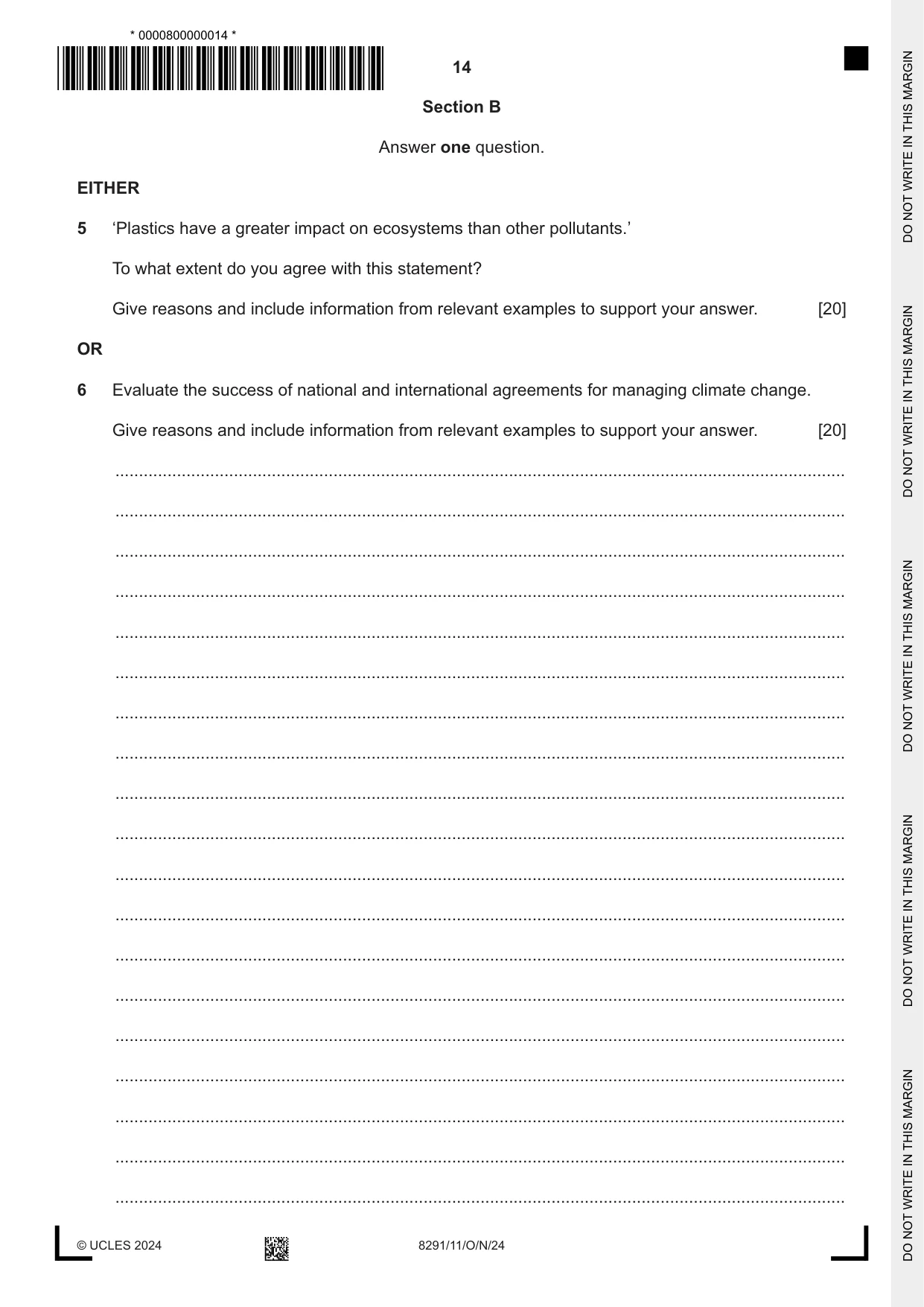 Cambridge A Level Environmental Management (AS only) 8291 2024 Oct/Nov Paper 1 · Variant 1 question paper, page 14 of 20
