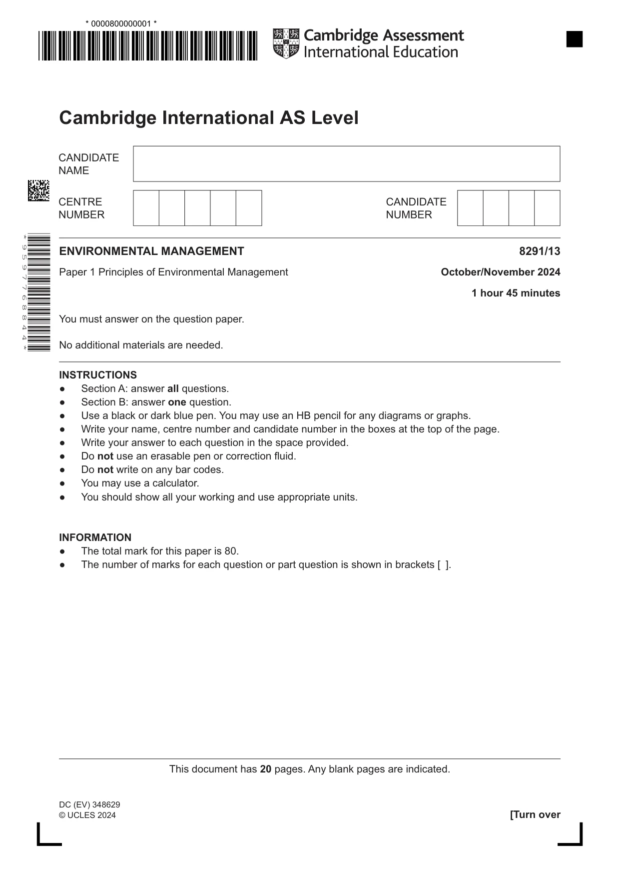 Cambridge A Level Environmental Management (AS only) 8291 2024 Oct/Nov Paper 1 · Variant 3 question paper, page 1 of 20