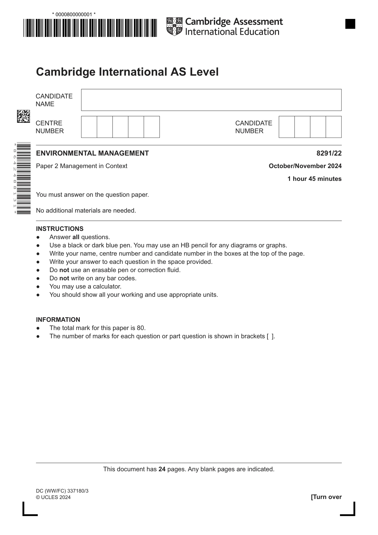 Cambridge A Level Environmental Management (AS only) 8291 2024 Oct/Nov Paper 2 · Variant 2 question paper, page 1 of 24