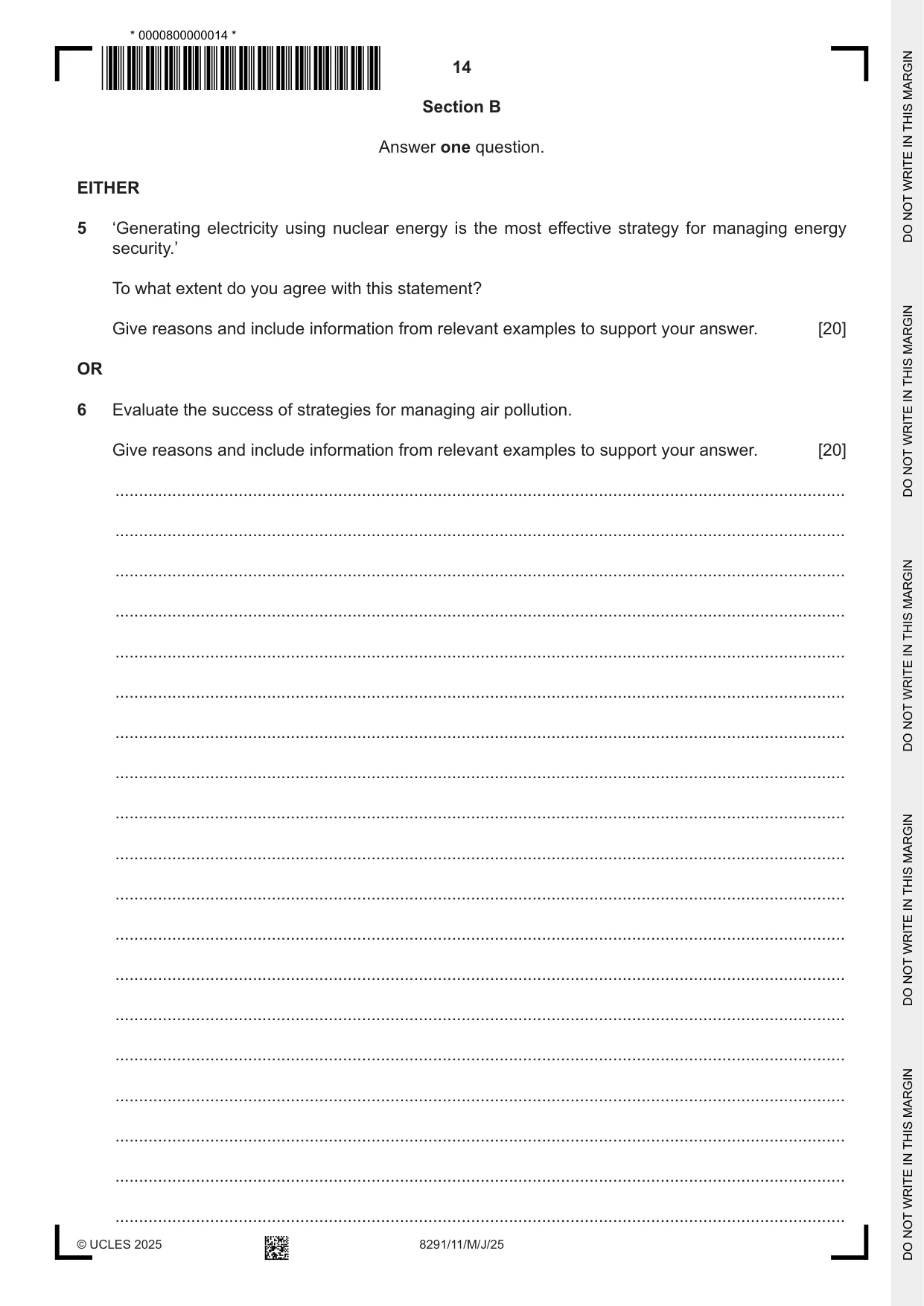Cambridge A Level Environmental Management (AS only) 8291 2025 May/June Paper 1 · Variant 1 question paper, page 14 of 20
