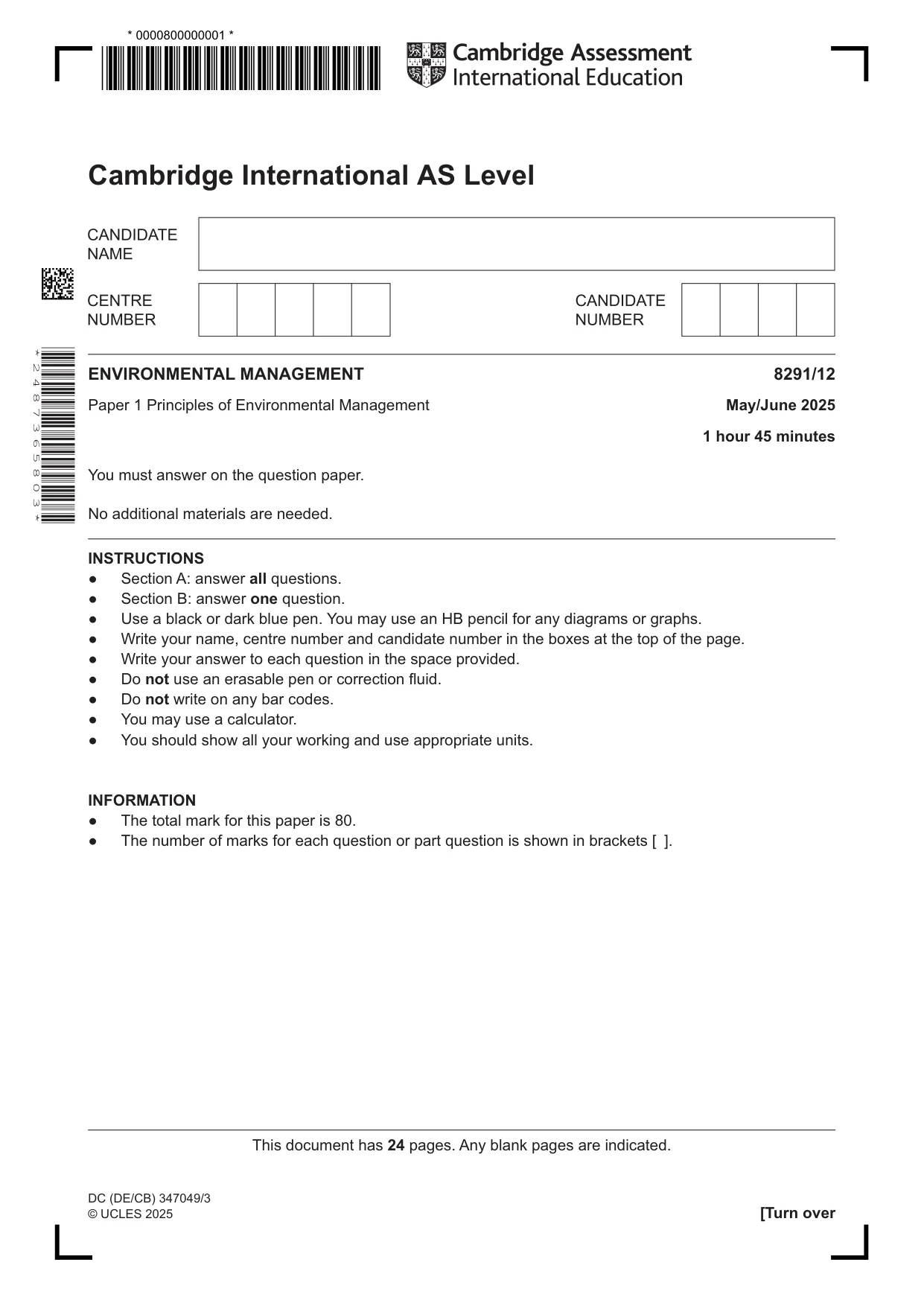 Cambridge A Level Environmental Management (AS only) 8291 2025 May/June Paper 1 · Variant 2 question paper, page 1 of 24