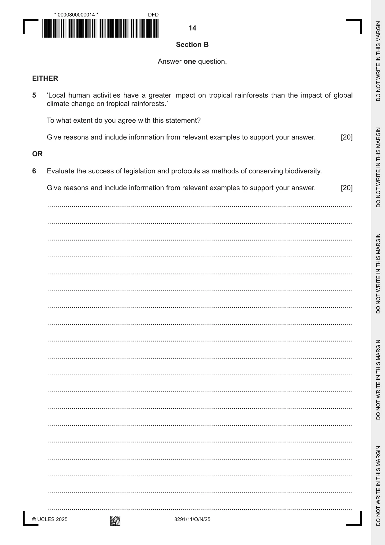 Cambridge A Level Environmental Management (AS only) 8291 2025 Oct/Nov Paper 1 · Variant 1 question paper, page 14 of 20