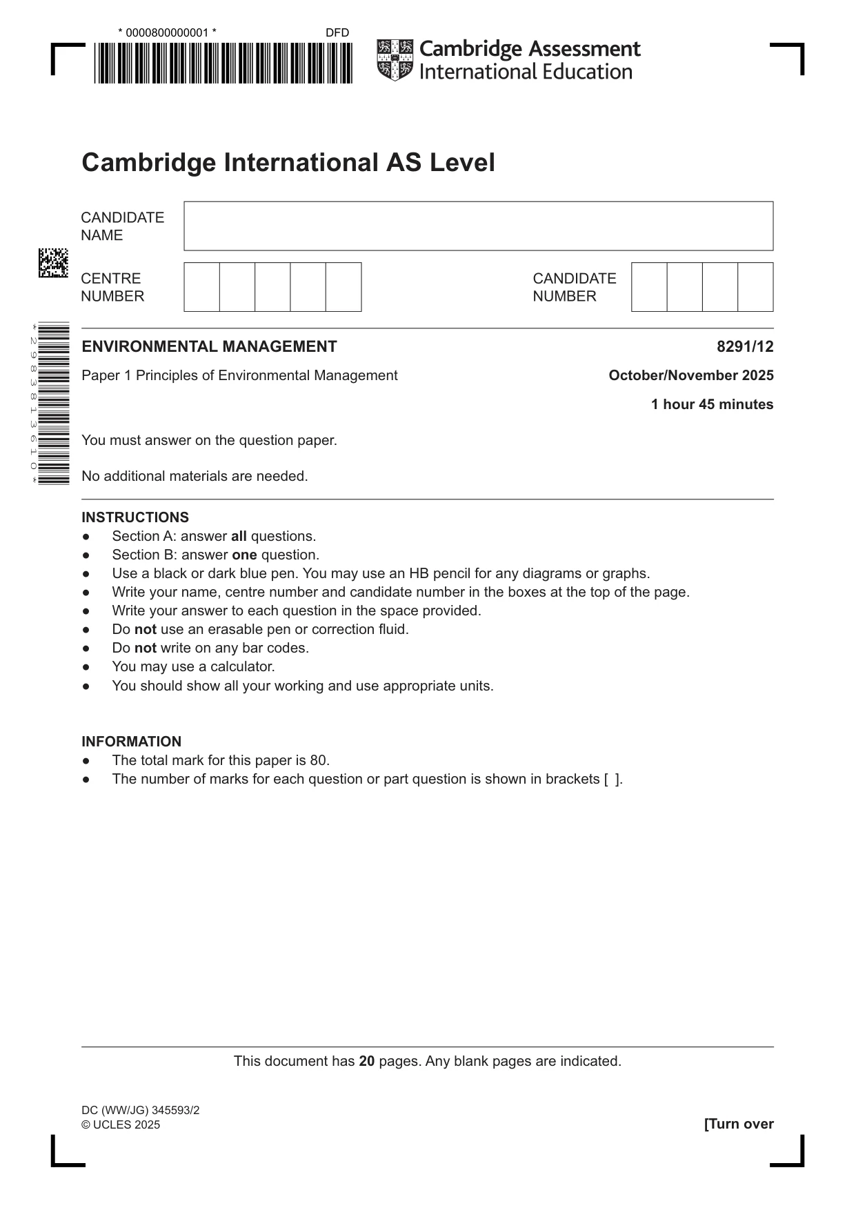 Cambridge A Level Environmental Management (AS only) 8291 2025 Oct/Nov Paper 1 · Variant 2 question paper, page 1 of 20
