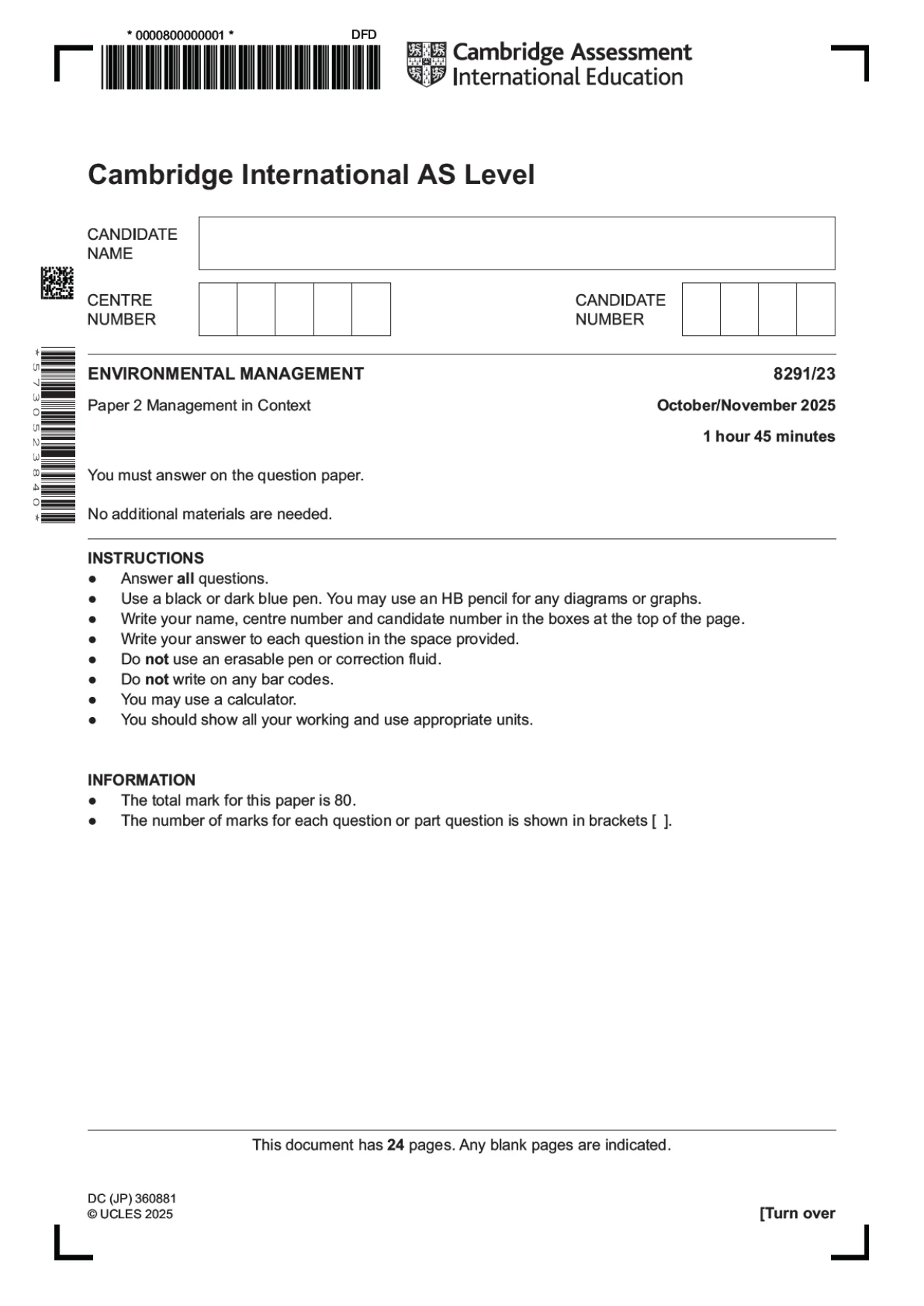 Cambridge A Level Environmental Management (AS only) 8291 2025 Oct/Nov Paper 2 · Variant 3 question paper, page 1 of 24