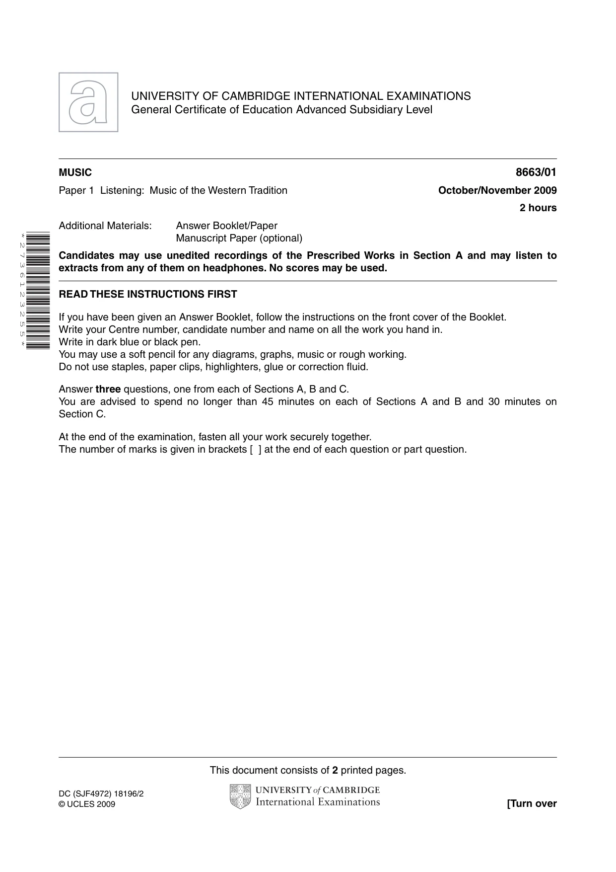Cambridge A Level Music (AS Level only) 8663 2009 Oct/Nov Paper 1 · Variant 1 question paper, page 1 of 2