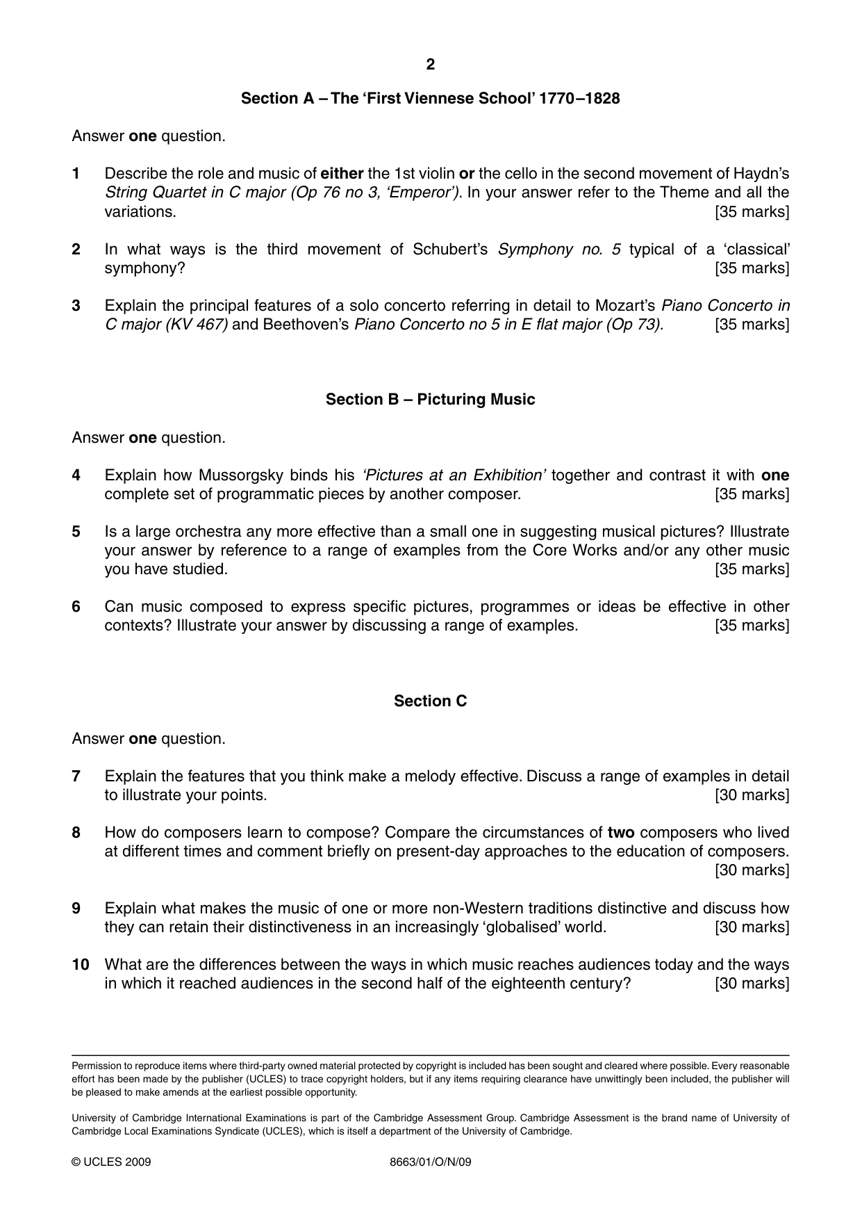 Cambridge A Level Music (AS Level only) 8663 2009 Oct/Nov Paper 1 · Variant 1 question paper, page 2 of 2