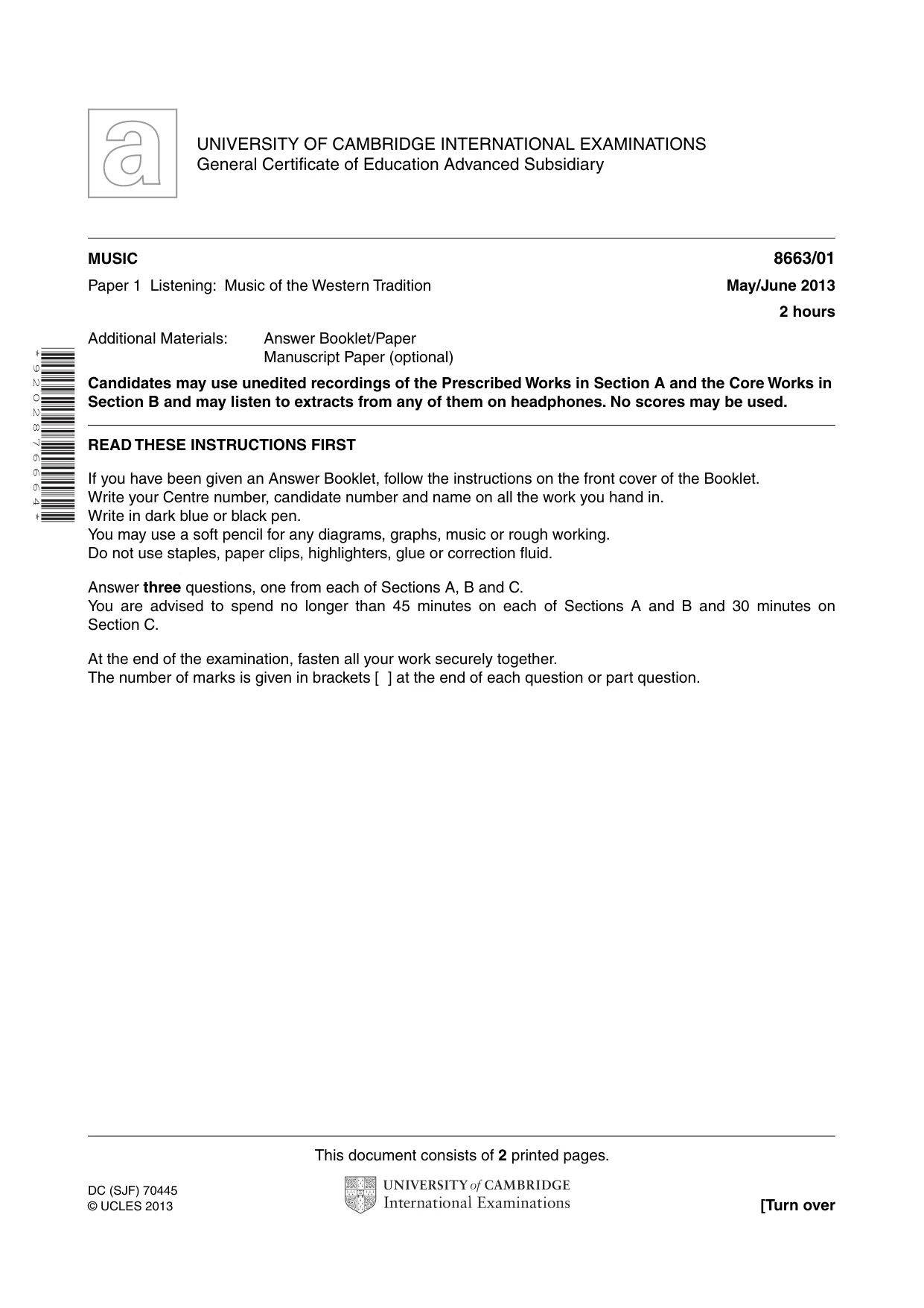 Cambridge A Level Music (AS Level only) 8663 2013 May/June Paper 1 · Variant 1 question paper, page 1 of 2