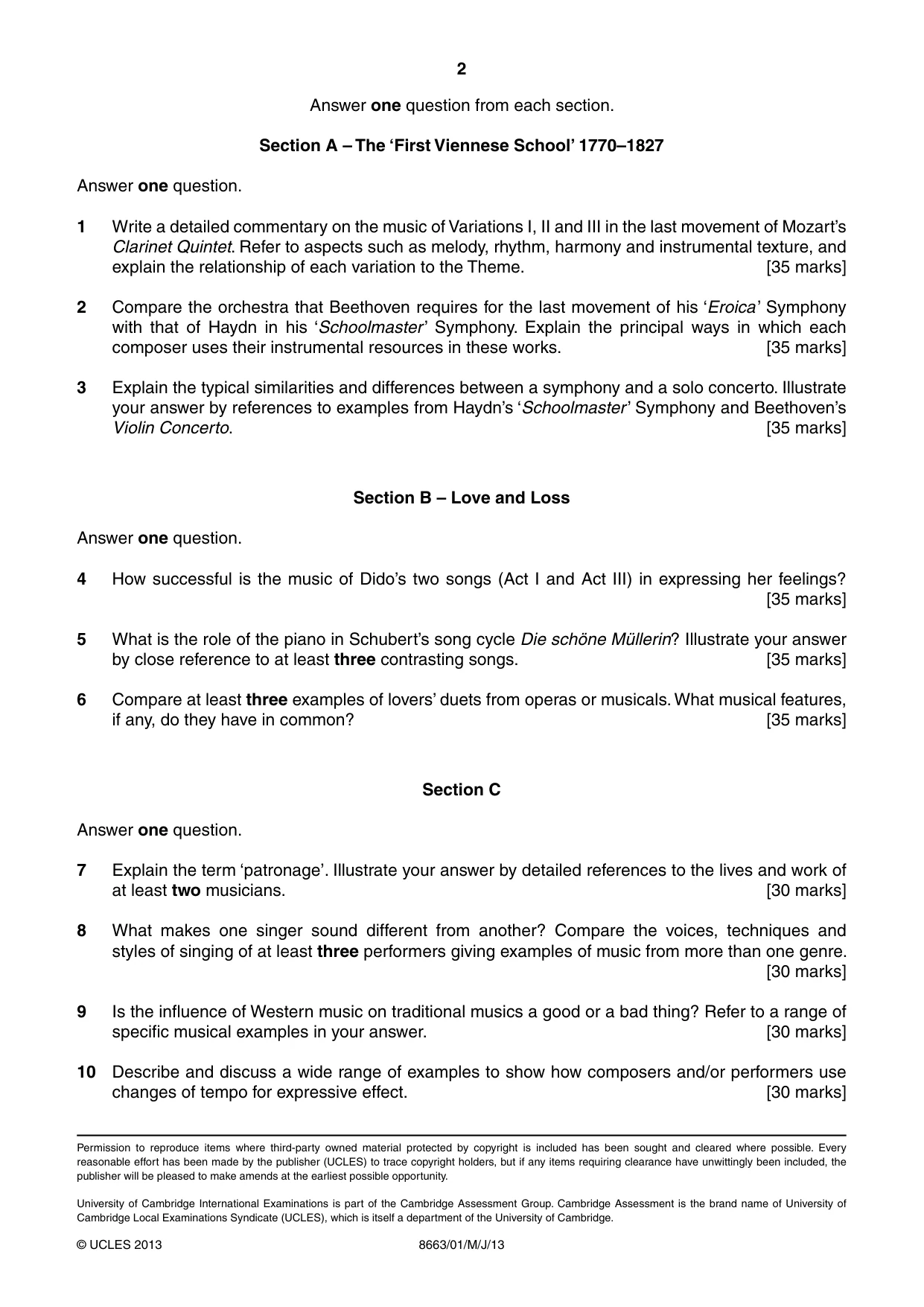 Cambridge A Level Music (AS Level only) 8663 2013 May/June Paper 1 · Variant 1 question paper, page 2 of 2