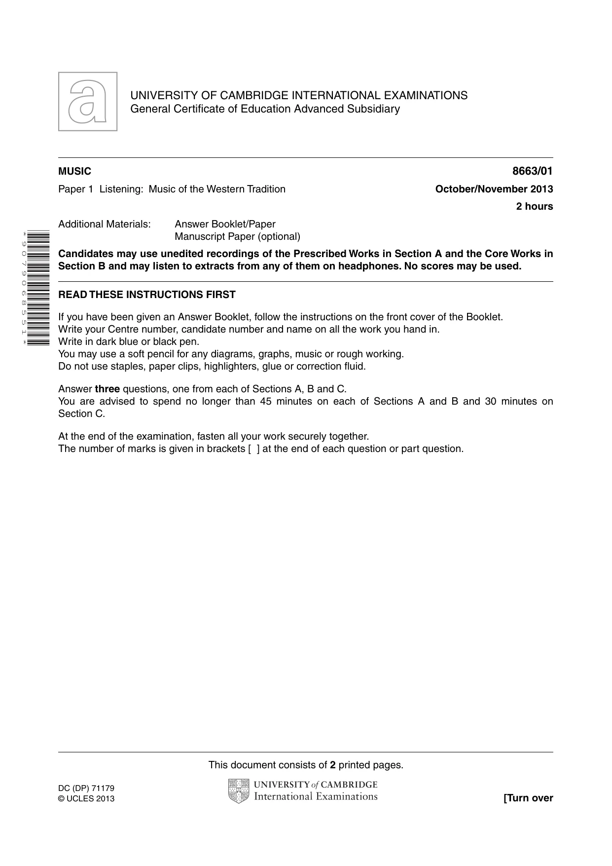 Cambridge A Level Music (AS Level only) 8663 2013 Oct/Nov Paper 1 · Variant 1 question paper, page 1 of 2