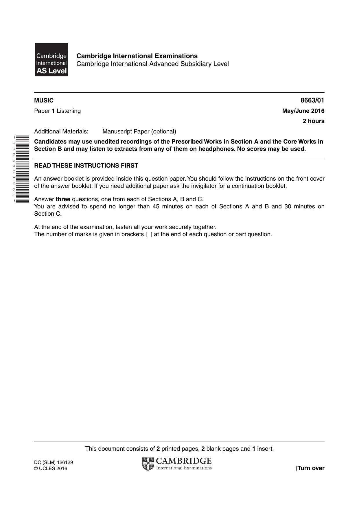Cambridge A Level Music (AS Level only) 8663 2016 May/June Paper 1 · Variant 0 question paper, page 1 of 4
