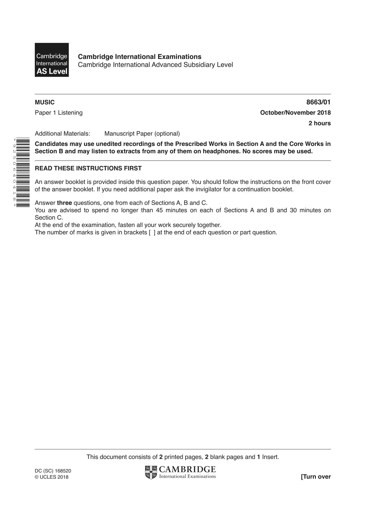 Cambridge A Level Music (AS Level only) 8663 2018 Oct/Nov Paper 1 · Variant 0 question paper, page 1 of 4