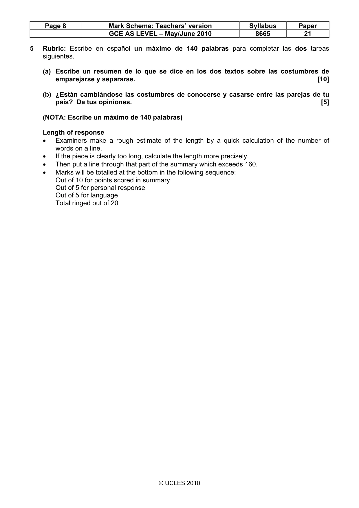 Mark scheme, page 8 of 10