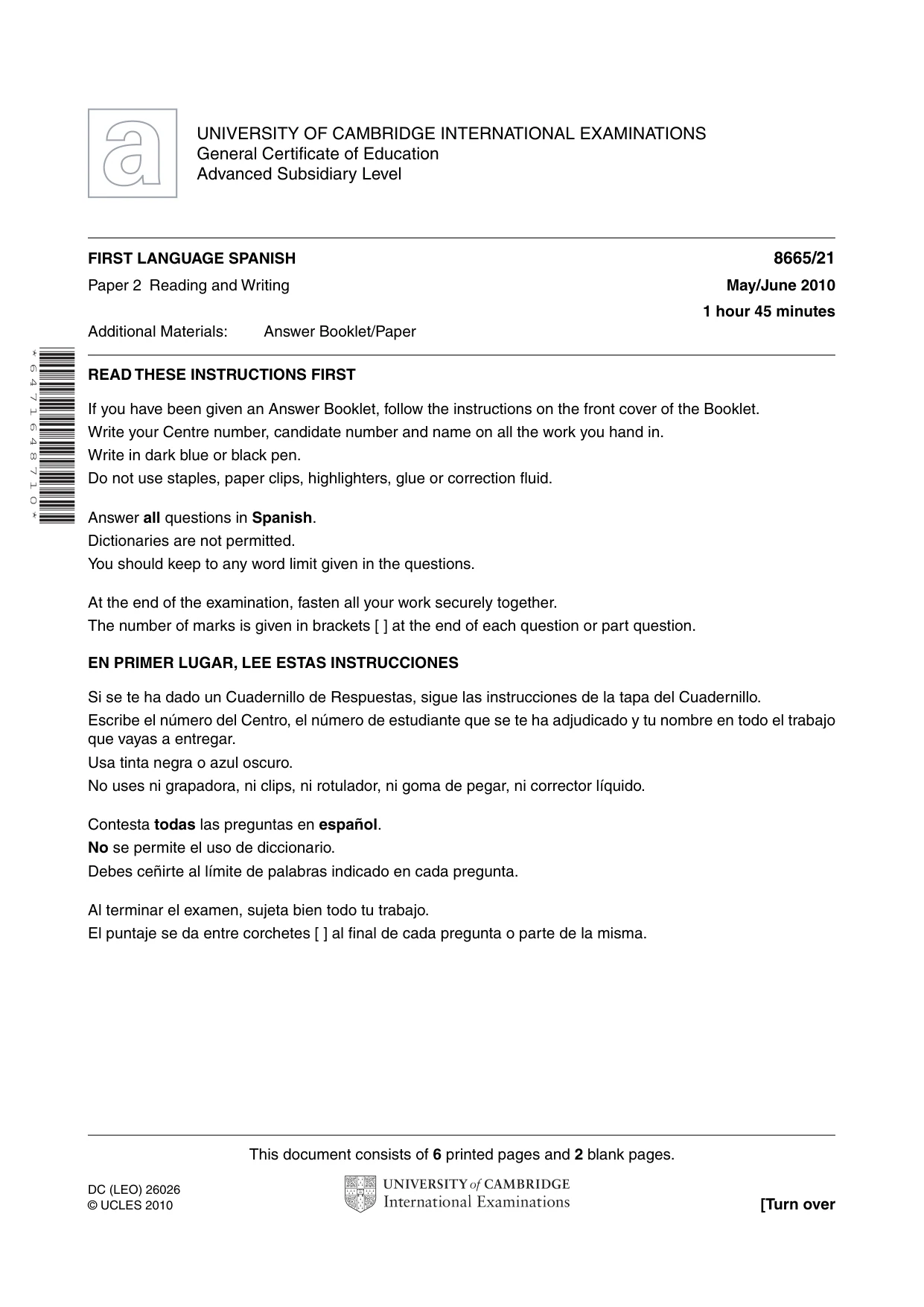 Cambridge A Level Spanish - First Language (AS Level only) 8665 2010 May/June Paper 2 · Variant 1 question paper, page 1 of 8