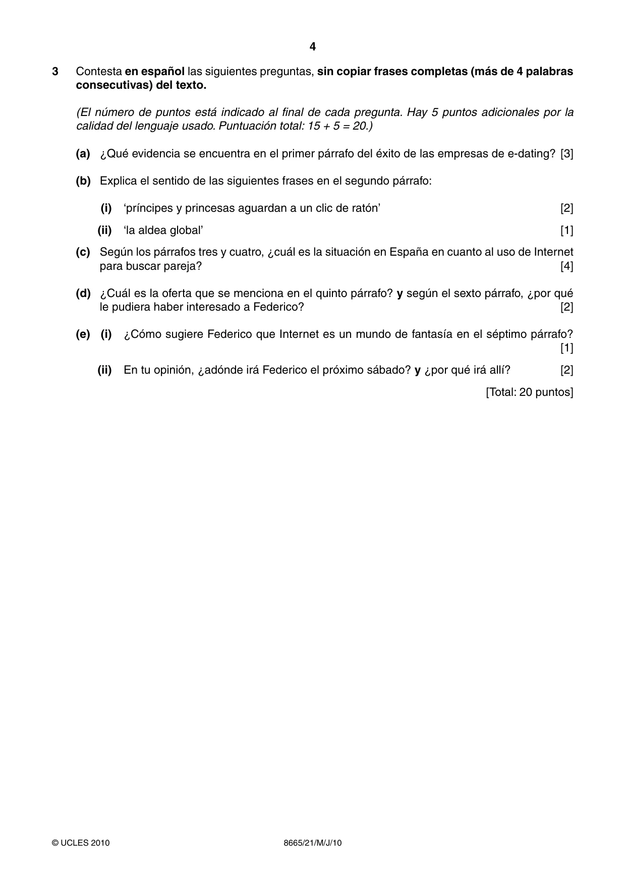 Cambridge A Level Spanish - First Language (AS Level only) 8665 2010 May/June Paper 2 · Variant 1 question paper, page 4 of 8