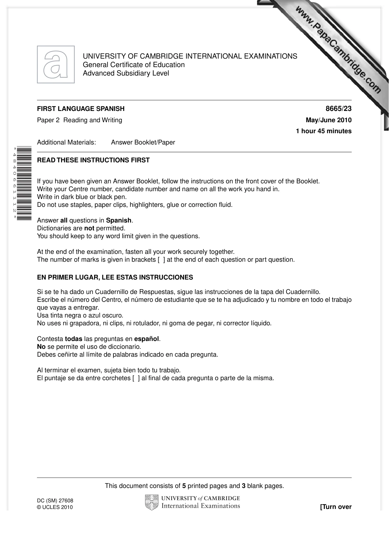 Cambridge A Level Spanish - First Language (AS Level only) 8665 2010 May/June Paper 2 · Variant 3 question paper, page 1 of 8