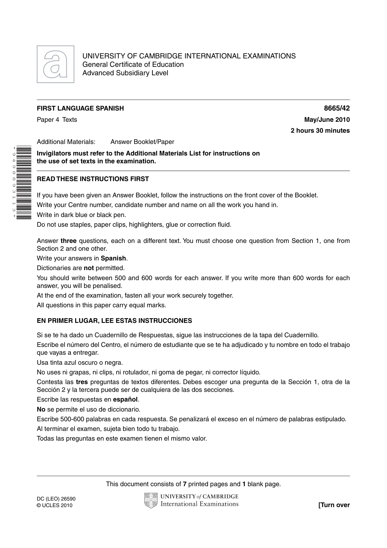 Cambridge A Level Spanish - First Language (AS Level only) 8665 2010 May/June Paper 4 · Variant 2 question paper, page 1 of 8