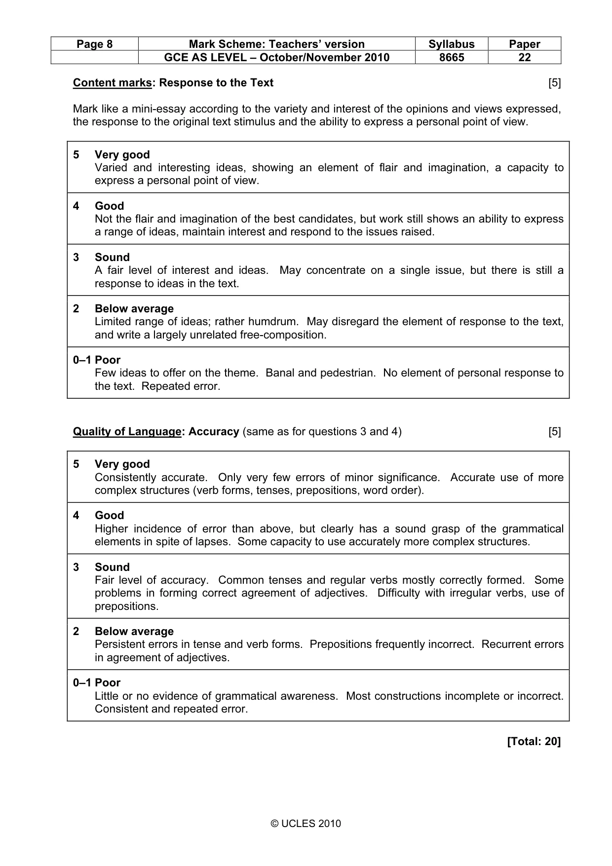 Mark scheme, page 8 of 8