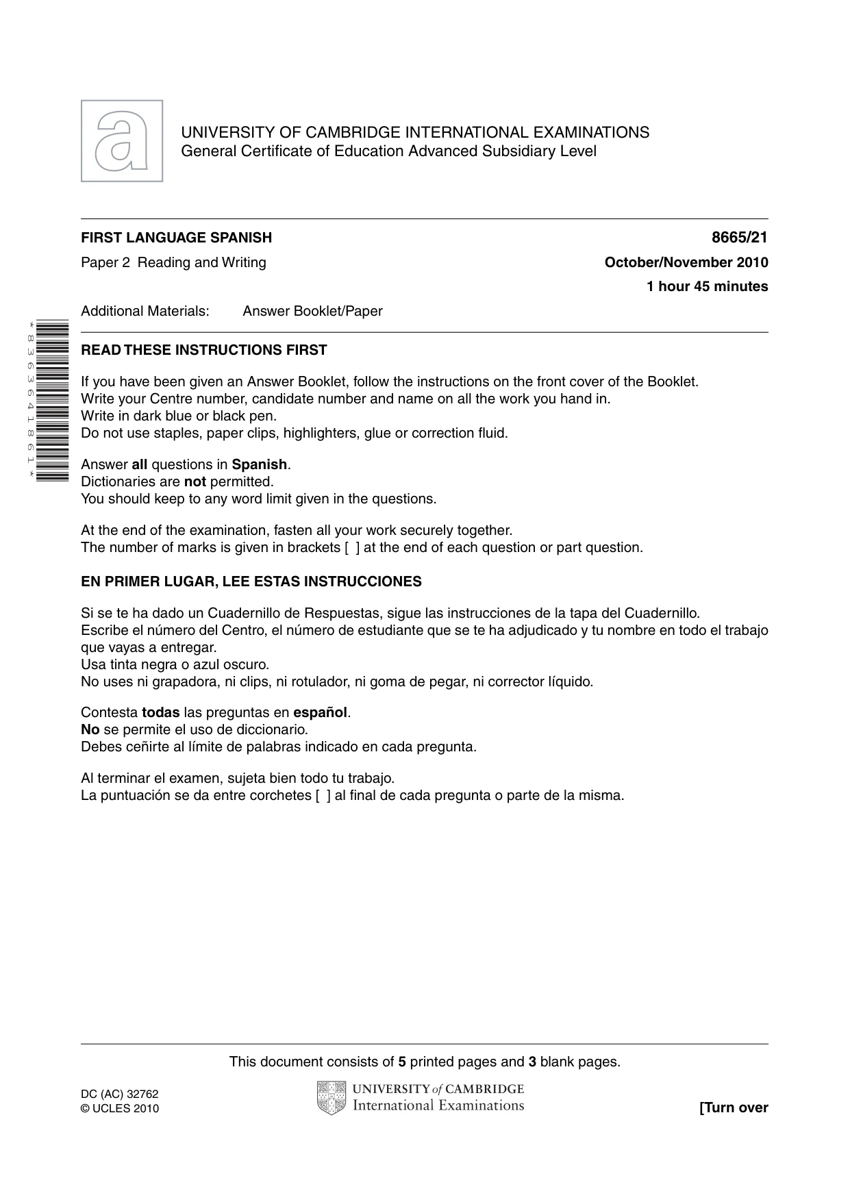 Cambridge A Level Spanish - First Language (AS Level only) 8665 2010 Oct/Nov Paper 2 · Variant 1 question paper, page 1 of 8
